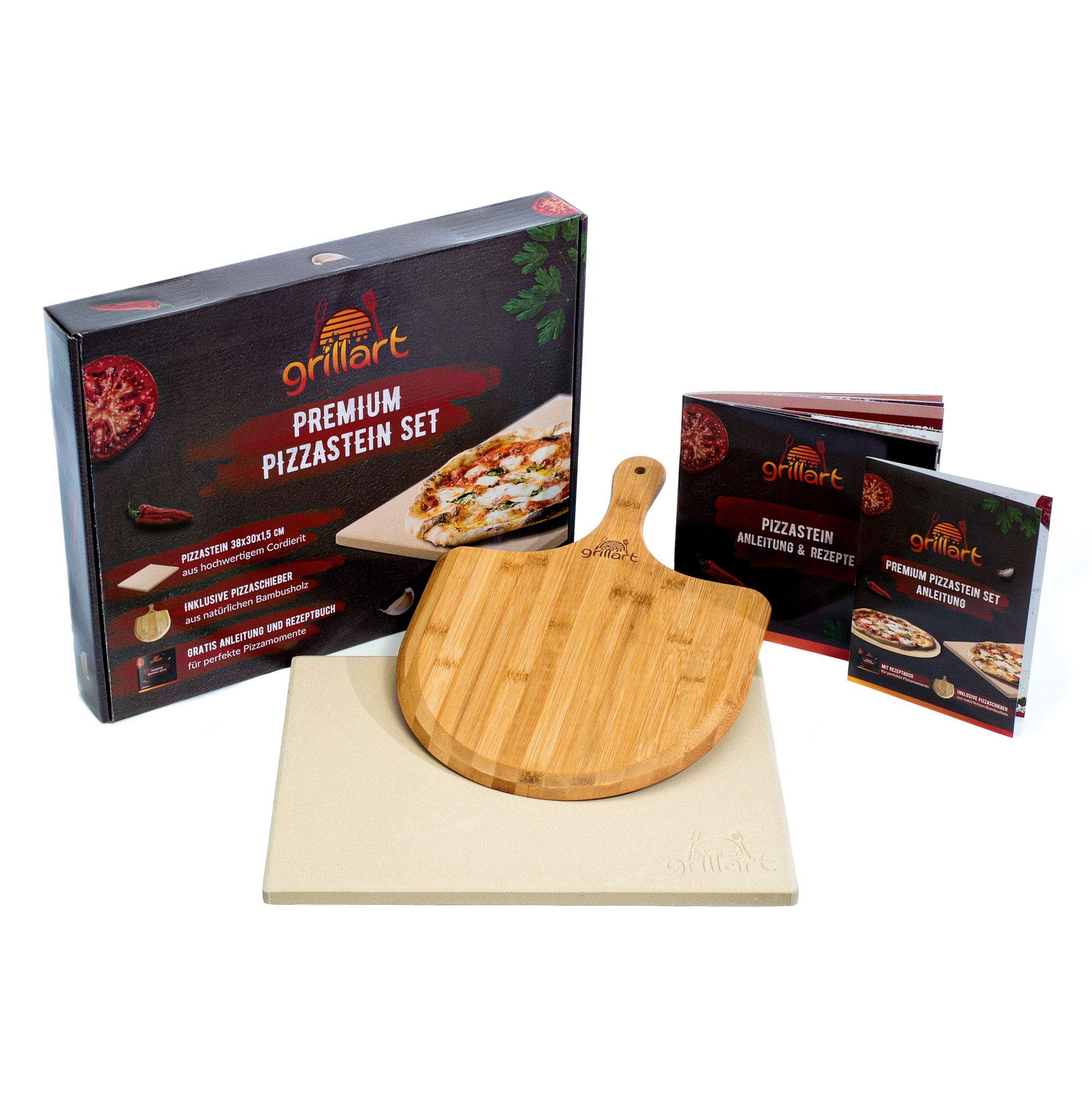grillart® Kamień do pizzy premium do grilla gazowego, grilla na węgiel drzewny i piekarnika w zestawie – wysokiej jakości kamień do pizzy, prostokątny, łącznie z łopatką do pizzy i książką z
