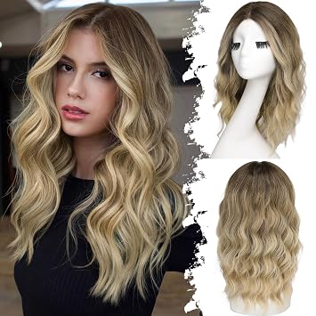 Eawwii Wig for Women, Blonde Glueless Lace Front Synthetic Wavy Wig 18 Inch | Pre-Cut T Lace,Natural Hairline,Synthetic Fiber,Middle Part,Brown to Blonde,18 Inch Wavy,Breathable Cap