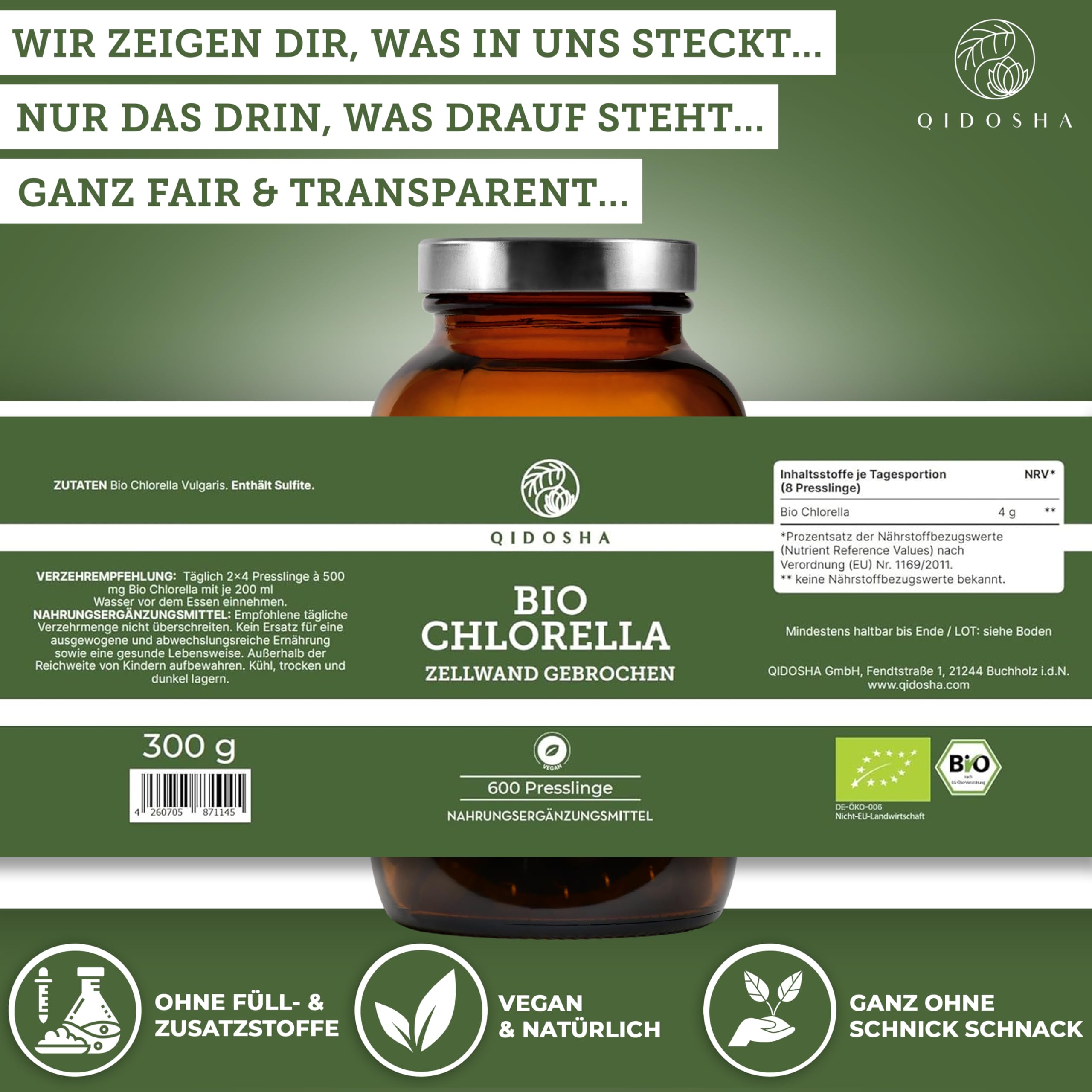QIDOSHA® Bio Chlorella Presslinge, 600 Stk/Glas, 500mg je Pressling, 100% natürliches Bio-Chlorella vulgaris Pulver aus kontrolliert biologischem Anbau, mit bereits aufgebrochener Zellwand
