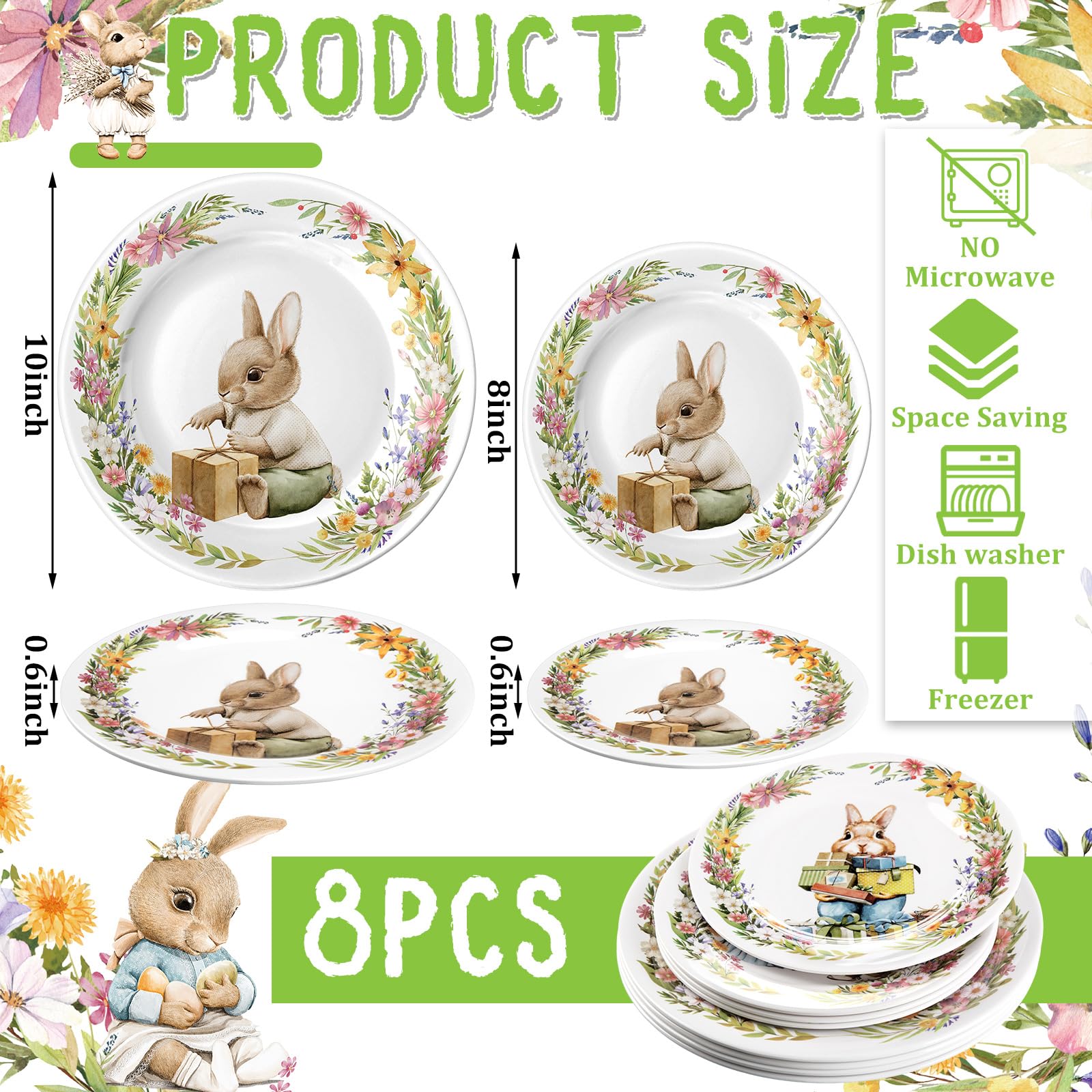 Lot de 8 assiettes à salade et 10 assiettes de dessert de lapin de Pâques de 8 pouces et 10 pouces, assiettes de dessert aux designs variés, assiettes multicolores, vaisselle de lapin de Pâques