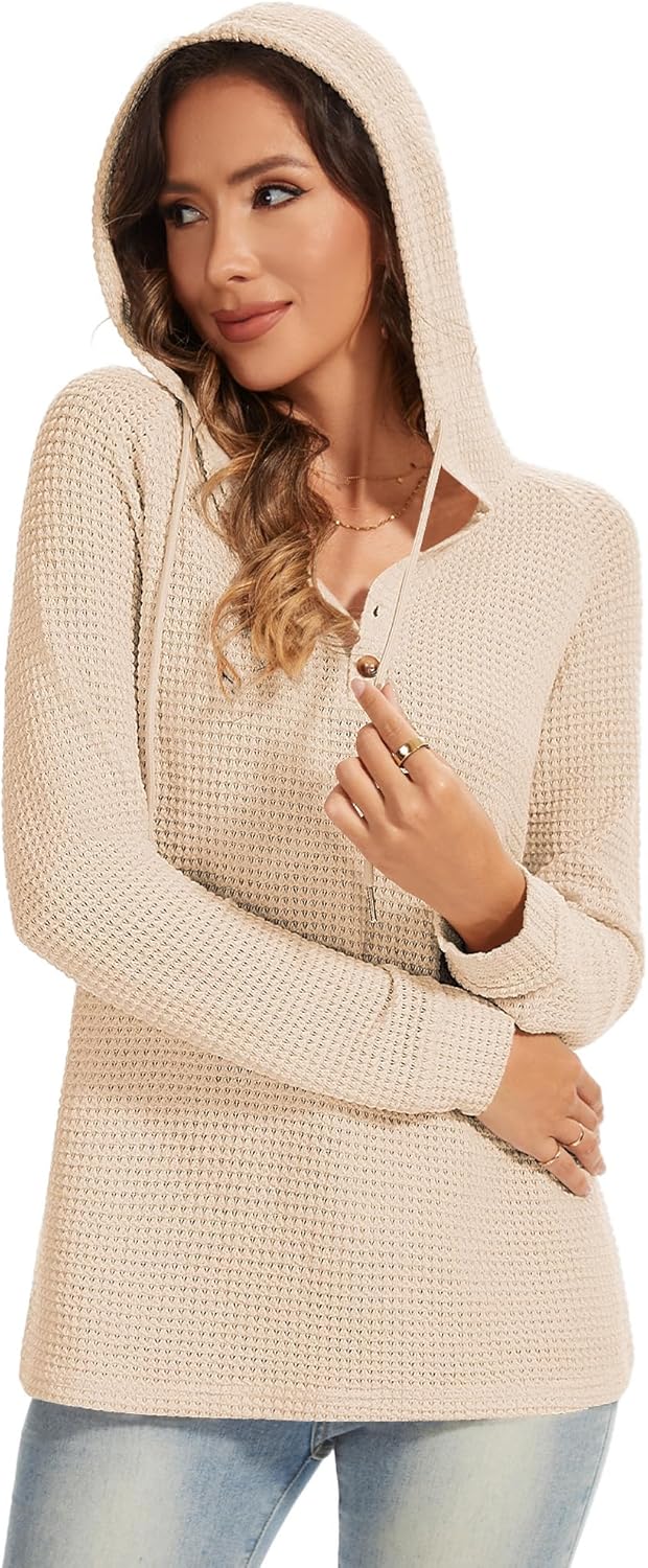 Hoodies for Women Waffle Knit V Neck Oversized Sweatshirt Button Down Drawstring Hooded Pullover Tops for Fall 2025 - Image 5