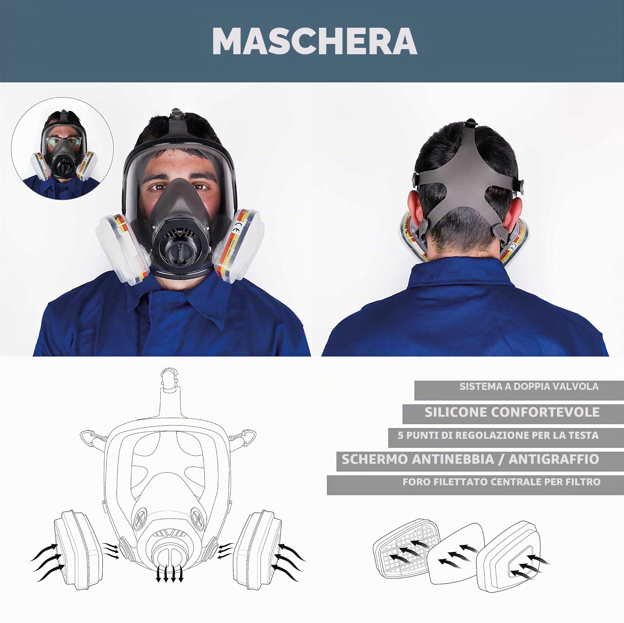 RHINO Maschera antigas integrale riutilizzabile per vapori organici, gas acidi