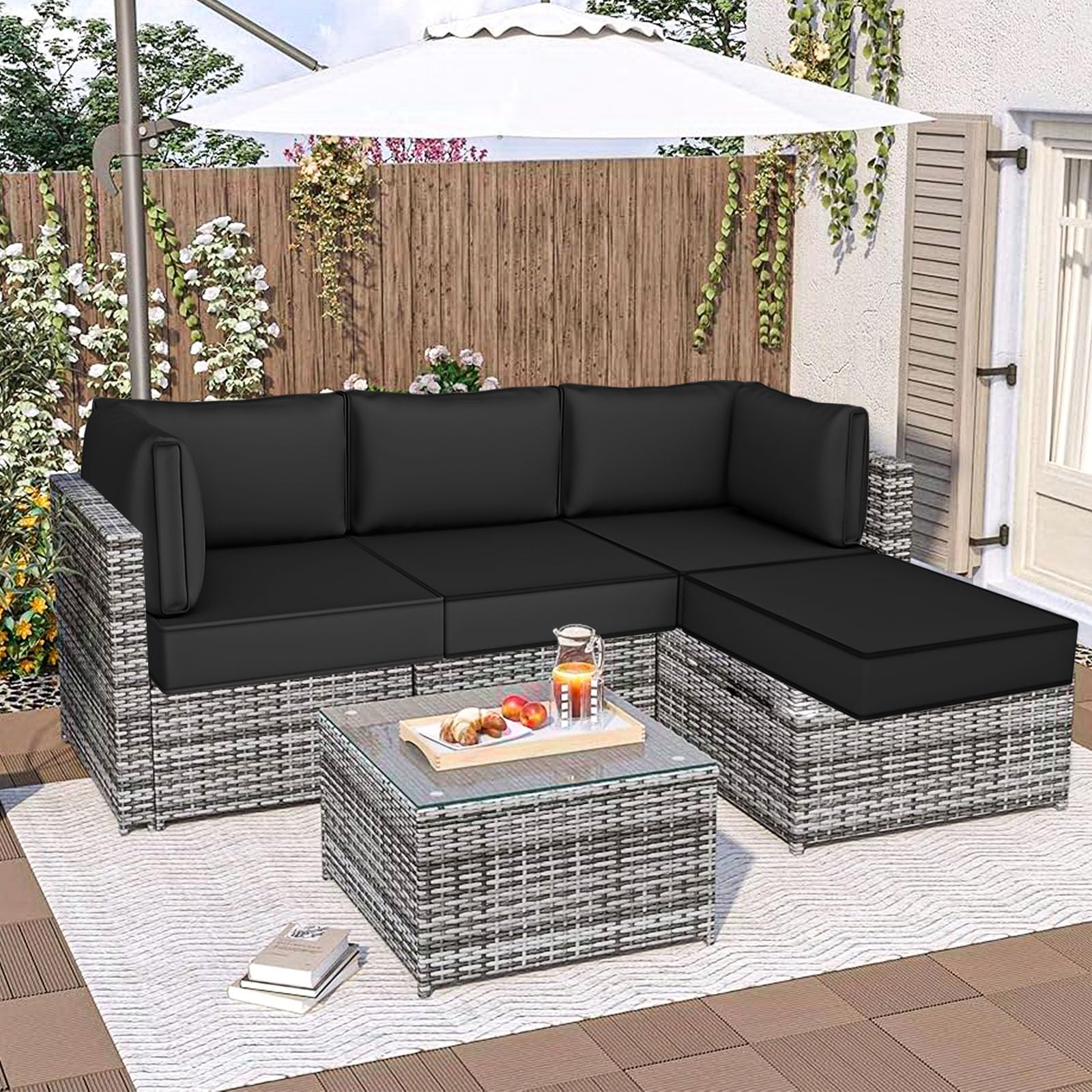 Outdoor Sectional Cushions, 5" Replacement Cushions for Patio Furniture, 9 Piece Water-Resistant Couch Cushion Replacement Set, for 4-seat Patio L Shaped Wicker Sofa (Black)