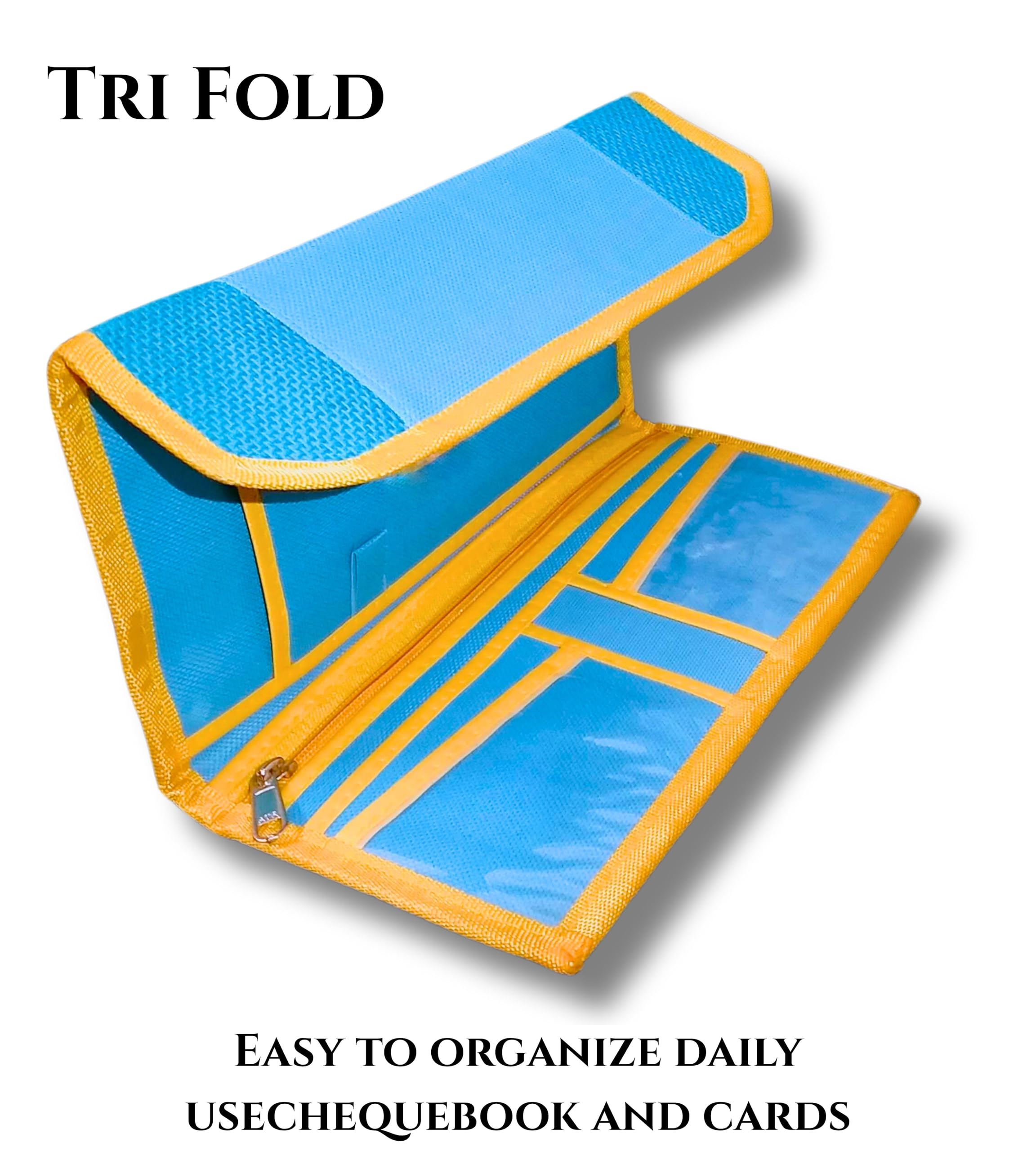 AVYRDO Slim Cheque Book Holder with 10 Compartments, Multiple Card Slots, Blending of Jute & Nylon (Blue and Yellow) 2