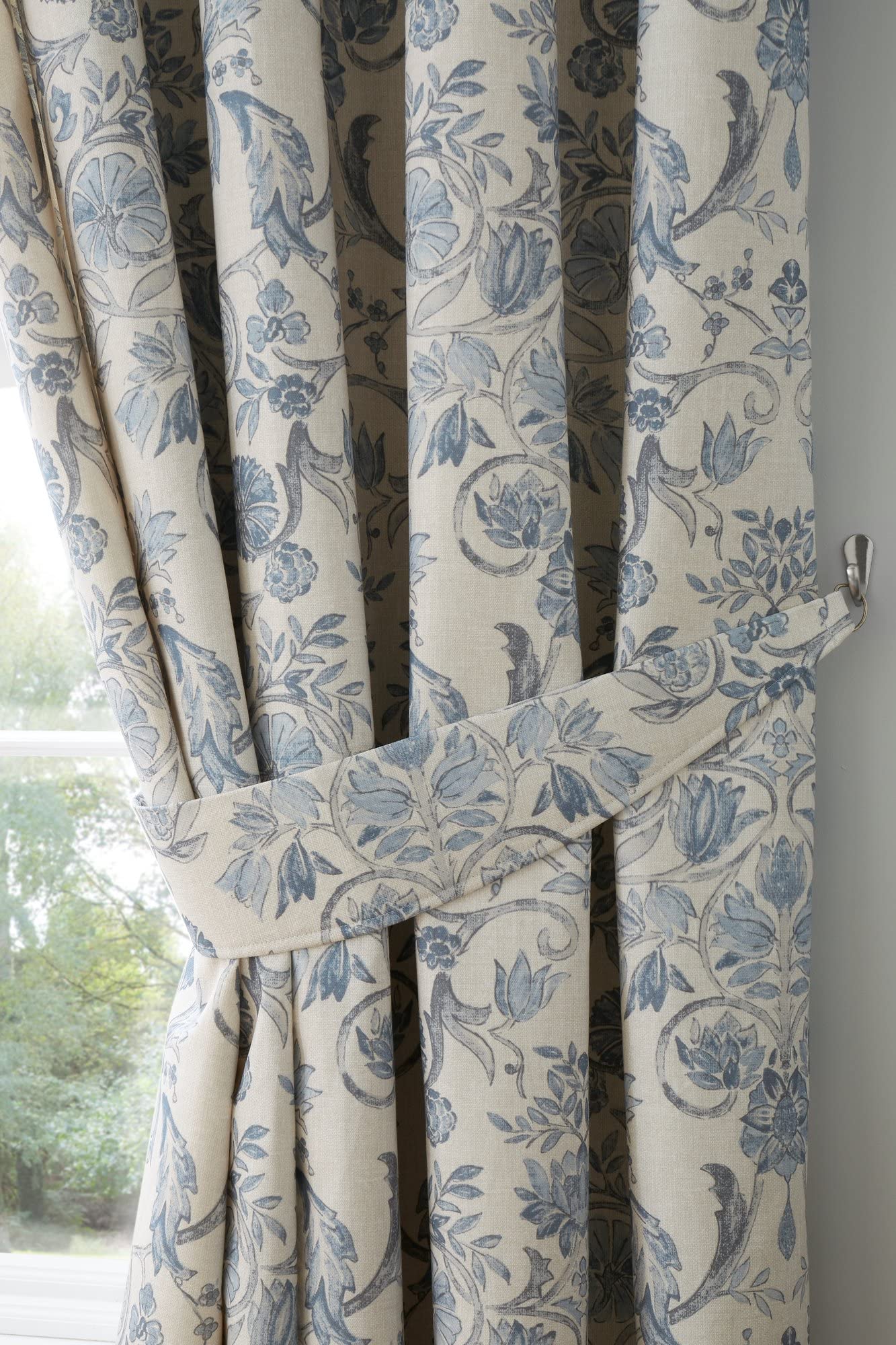 Dreams & Drapes - Rideaux damassés Bleus 229 x 229 cm - 2 Panneaux - 100% Coton - 2 embrasses - Rideaux baroques Vintage - Delft/Willowware en Porcelaine Bleue