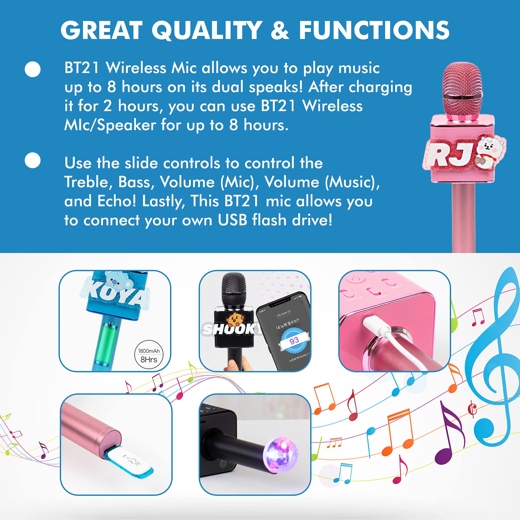 ROYCHE BTS Bluetooth Wireless Mic & Speaker, All Seven BTS Characters