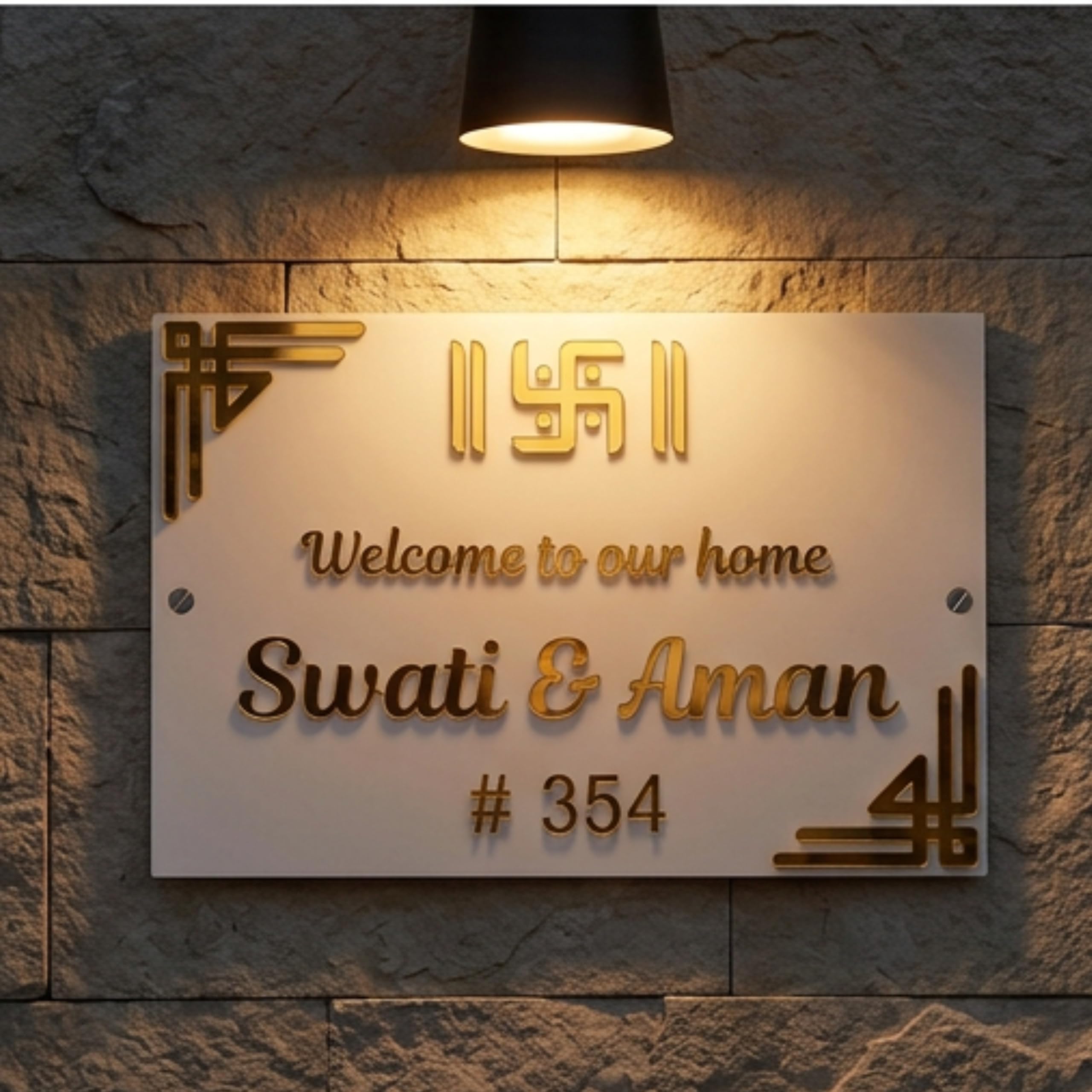 CraftLovers Customized White Acrylic Name Plate with Golden Acrylic 3D Mirror Letters | Designer Door Sign for Home, Office & Apartment | 30x20 cm | 4mm Thickness-image-8