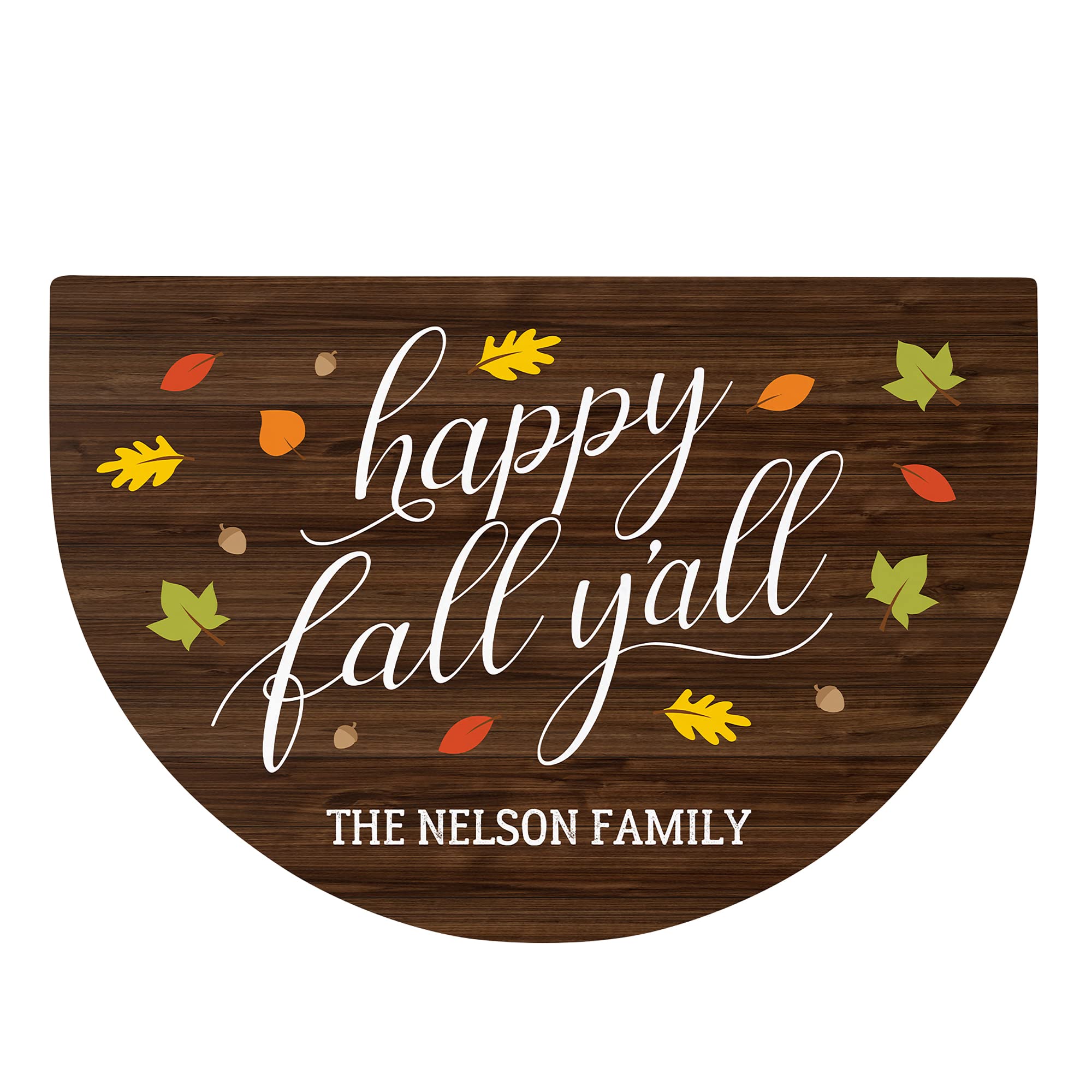 Personalization Universe Happy Fall Y'all Personalized Half Round Doormat - Indoor/Outdoor Welcome Mat with Non-Skid Backing, Customizable with Family Name, Perfect for Front Door, Kitchen, Entryway