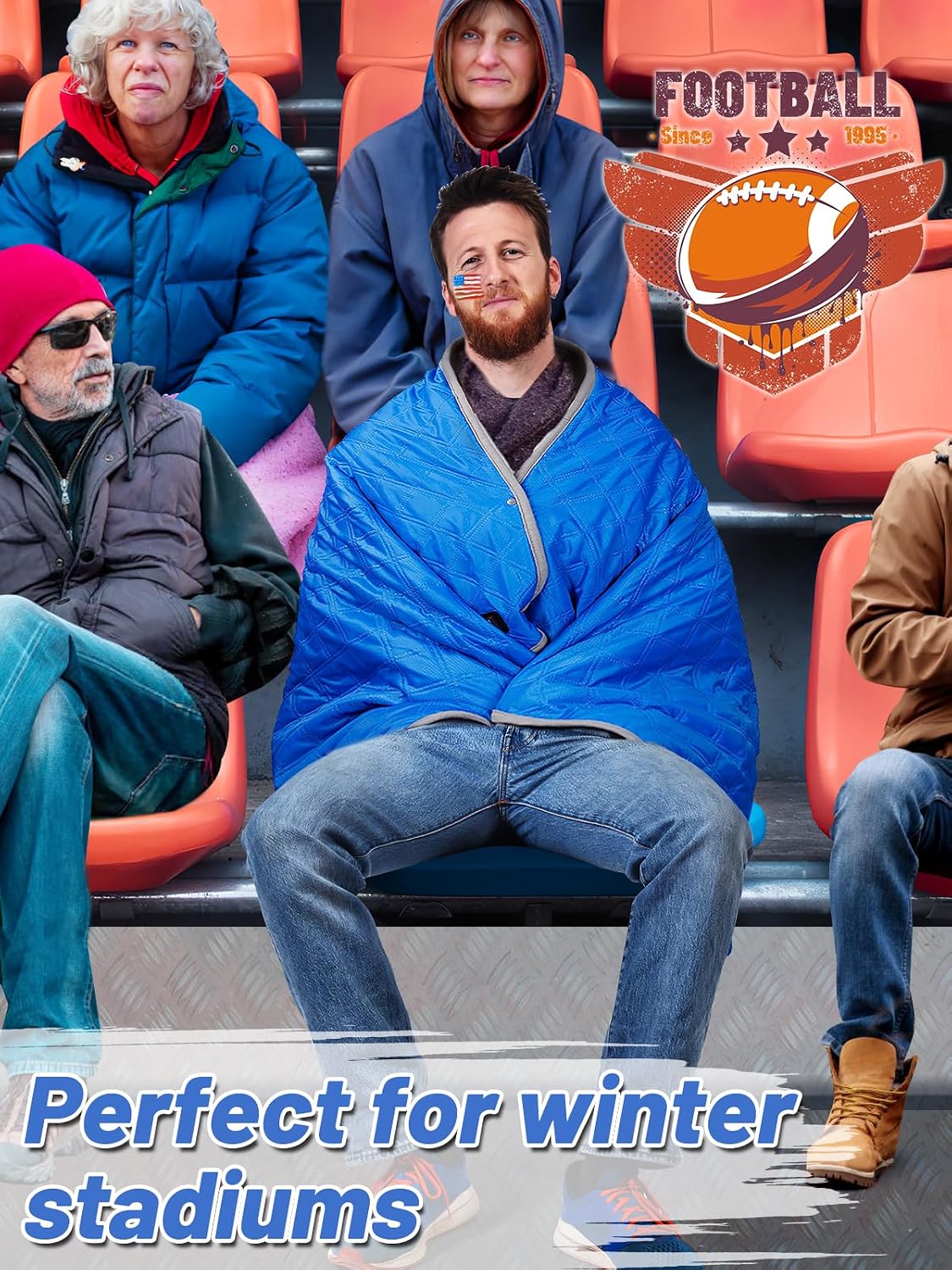 Apipi Portable Heated Blanket - Warm Blanket Type-C & USB for Outdoor Stadium Camping Travel Home, Windproof Waterproof Blanket Wamer, 3 Heat Levels 6 Heating Zones for Christmas Women Gifts, Blue