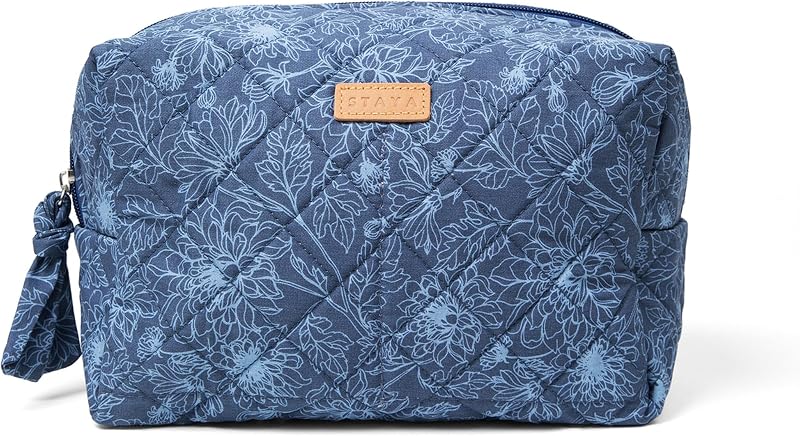 Necessaire Staya em Algodão Matelassê com Zíper, Estampa Floral Indigo, 25,91 cm x 11,94 cm x 16 cm