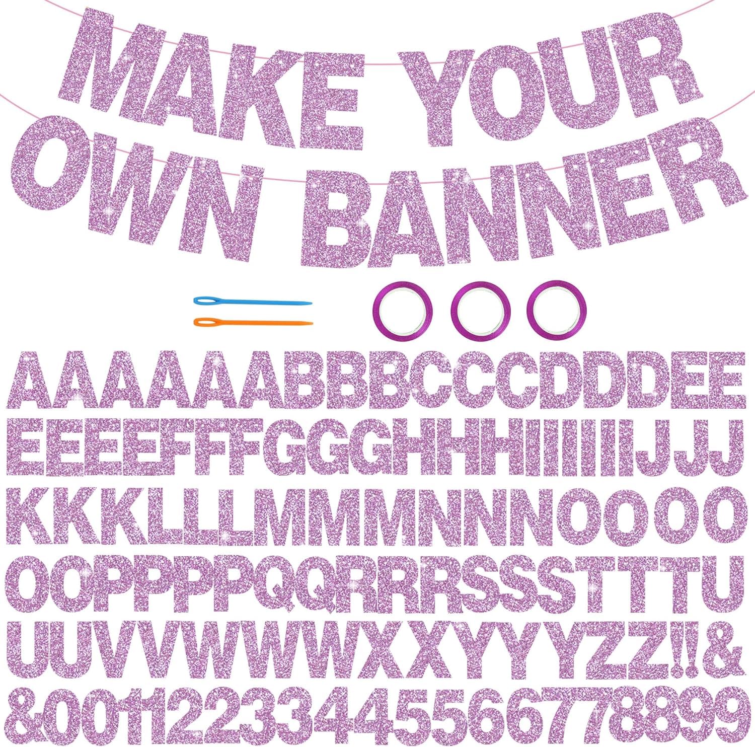 DecoGlee 116 PCS A-Z Glitter Light Purple DIY Letter Banner Kit Make Your Own Banner,Including 111 Letters and Numbers 3 Rope and 2 Threading Device,for Birthday Graduation Wedding Halloween Party — image 1