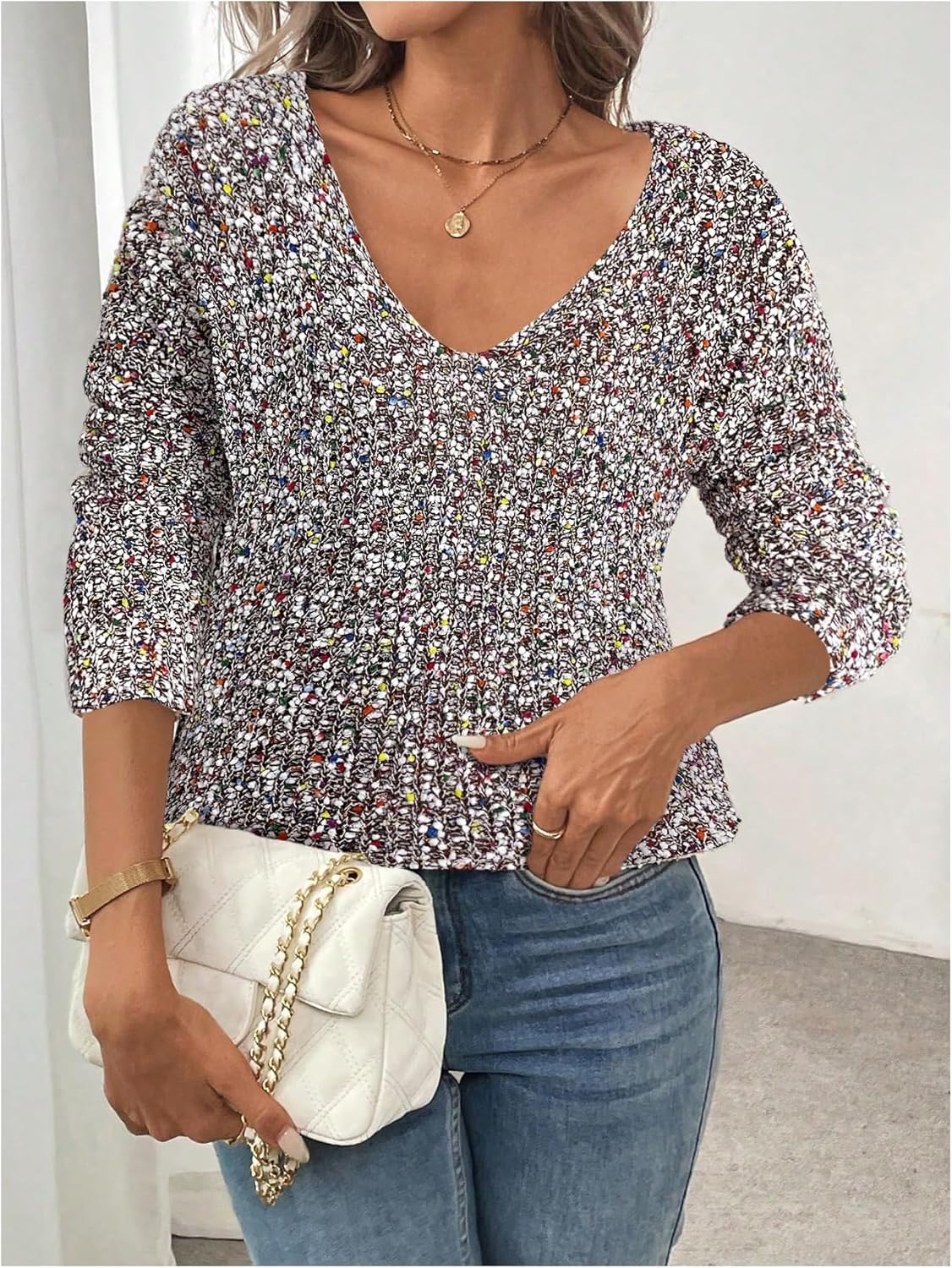 SOLY HUX Women's Sweaters Rainbow Pom V Neck Long Sleeve Knit Fall Trendy Pullover Sweater Tops - Image 4