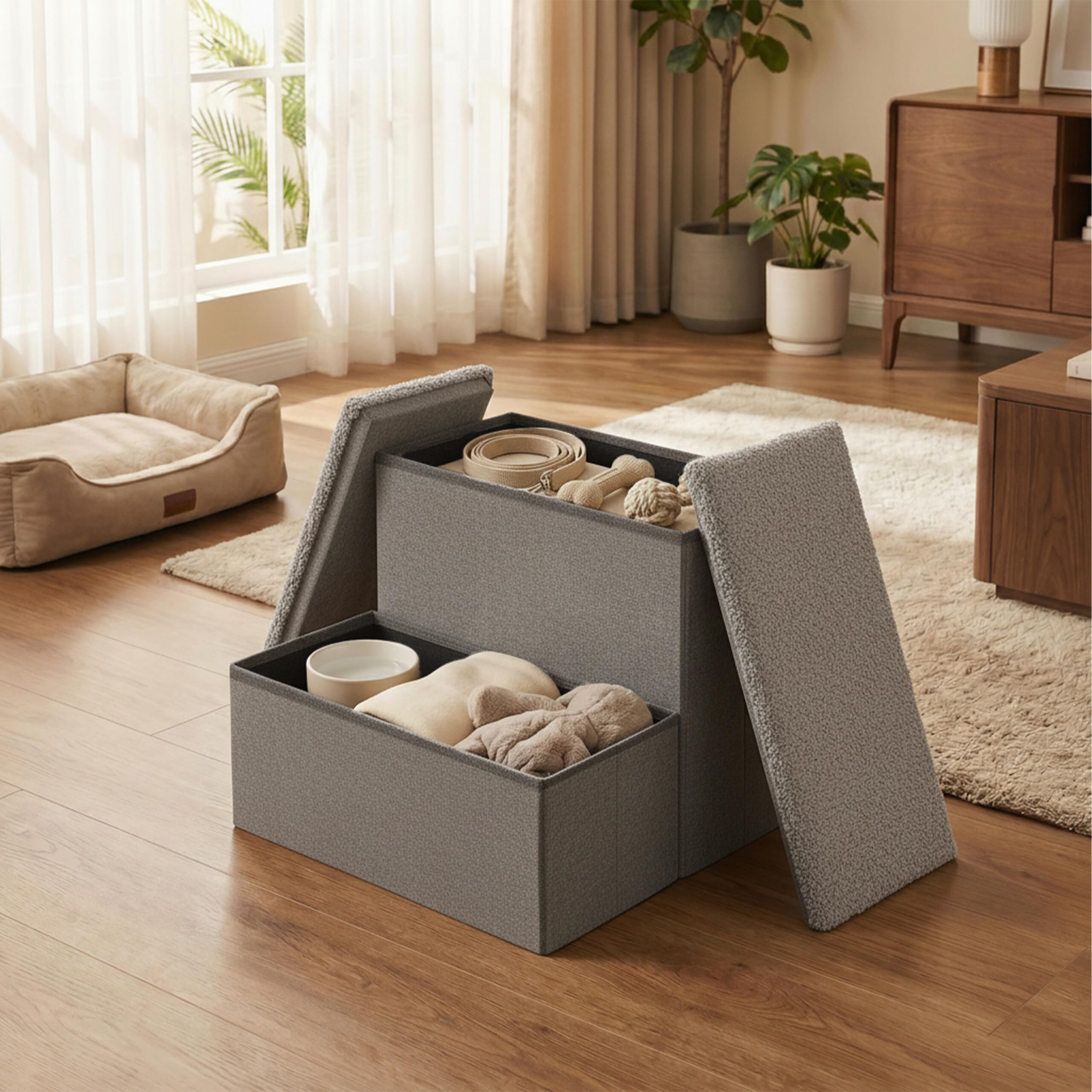Relaxdays Scala per cani pieghevole, 2 gradini, con vano, grigio | 32x40x35 cm, rivestimento in tessuto, per letto/divano