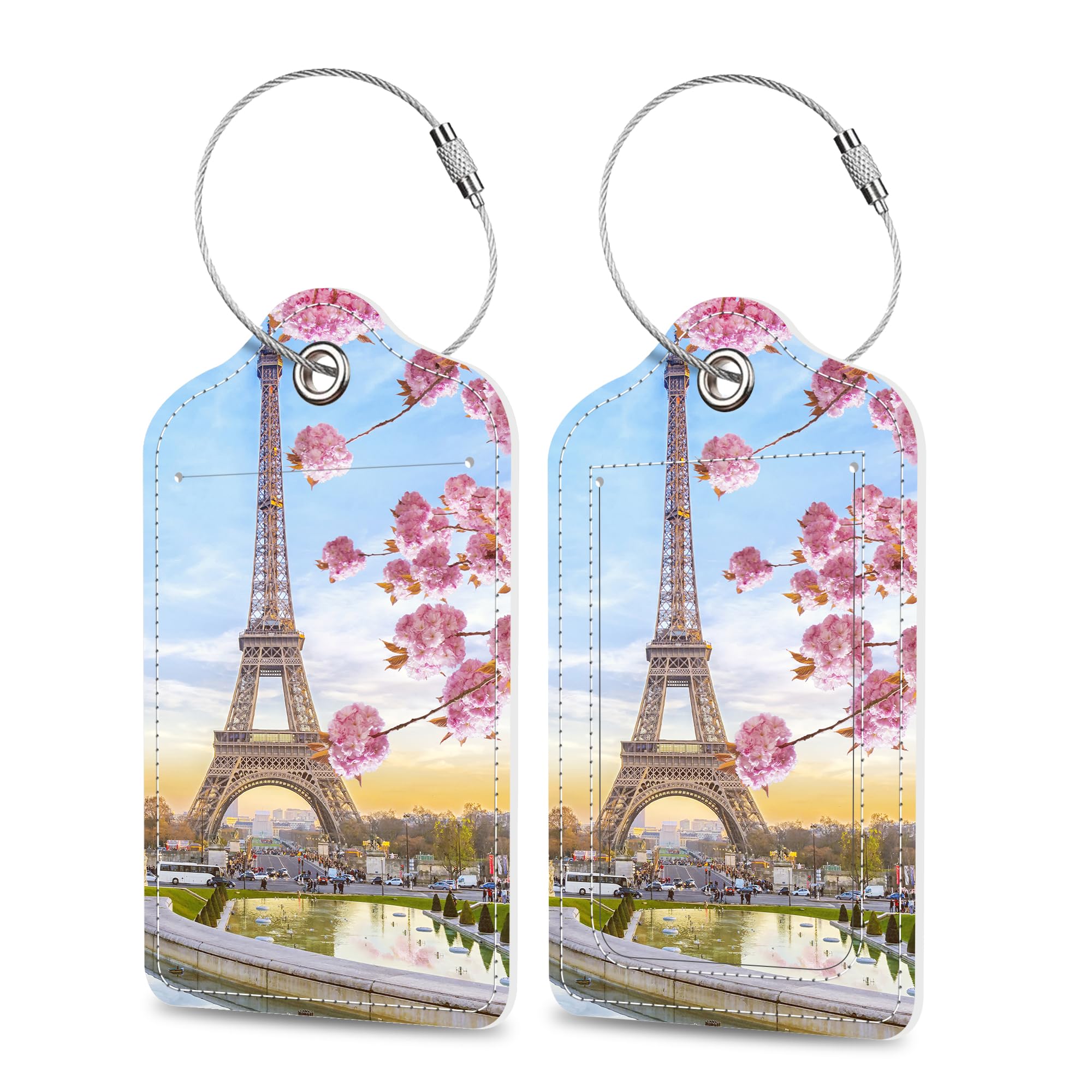 Set of 2 Luggage Tags Romantic Eiffel Tower Leather Suitcases Tag with Privacy Cover Stainless Steel Loop and Address Card for Women Men Travel