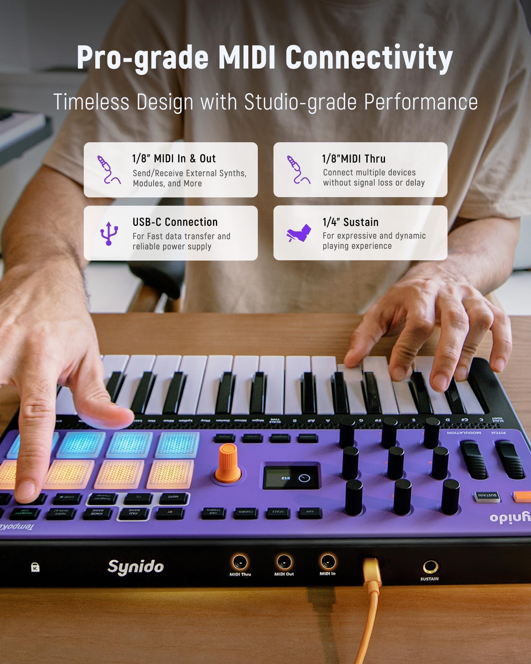 Synido TempoKEY W25 Clavier contrôleur MIDI USB C 25 touches Connexion sans fil rechargeable avec 8 pads RVB Velocity Écran OLED, MIDI In/Out/Thru, Clavier MIDI professionnel pour production musicale
