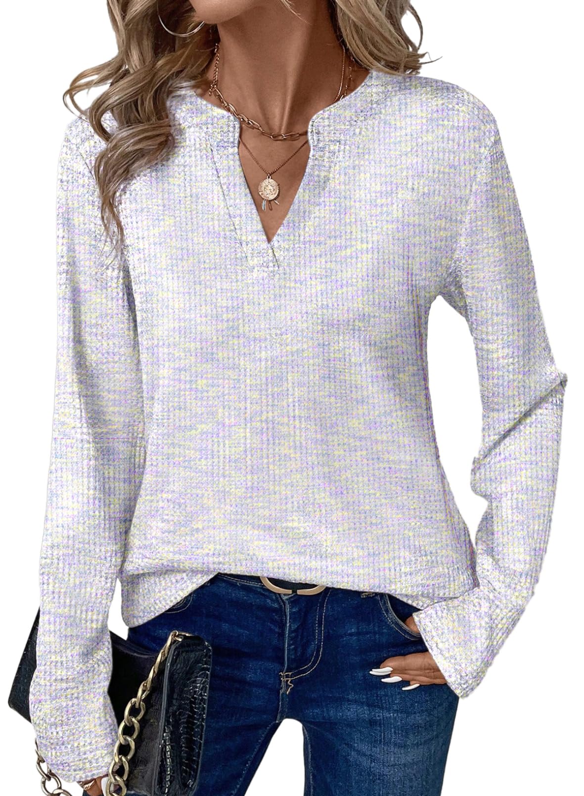 Dokotoo Damen Pullover Elegant V-Ausschnitt Langarmshirt Weich Waffelstrick Sweatshirt Herbst Winter Locker Oberteile Strickpullover Pulli S-2XL
