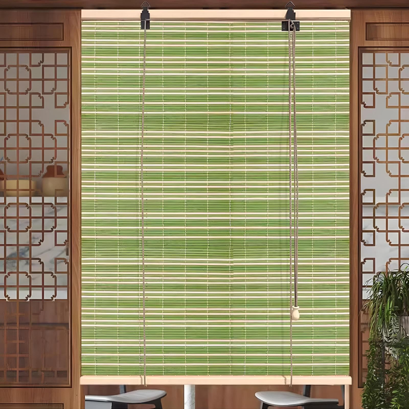 Eiauiuo Green Bamboo Roller Blinds With Lifter – UV & Sun Protection, Privacy Protection, Side Pull Wooden Blinds For Garden, Balcony & Teahouse, Roman Curtain, Natural Bamboo(40x40)