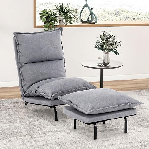 Giantex Silla decorativa con otomana gris, sofá perezoso tapizado con otomana, respaldo ajustable, cojín acolchado desmontable, carga máxima de 330