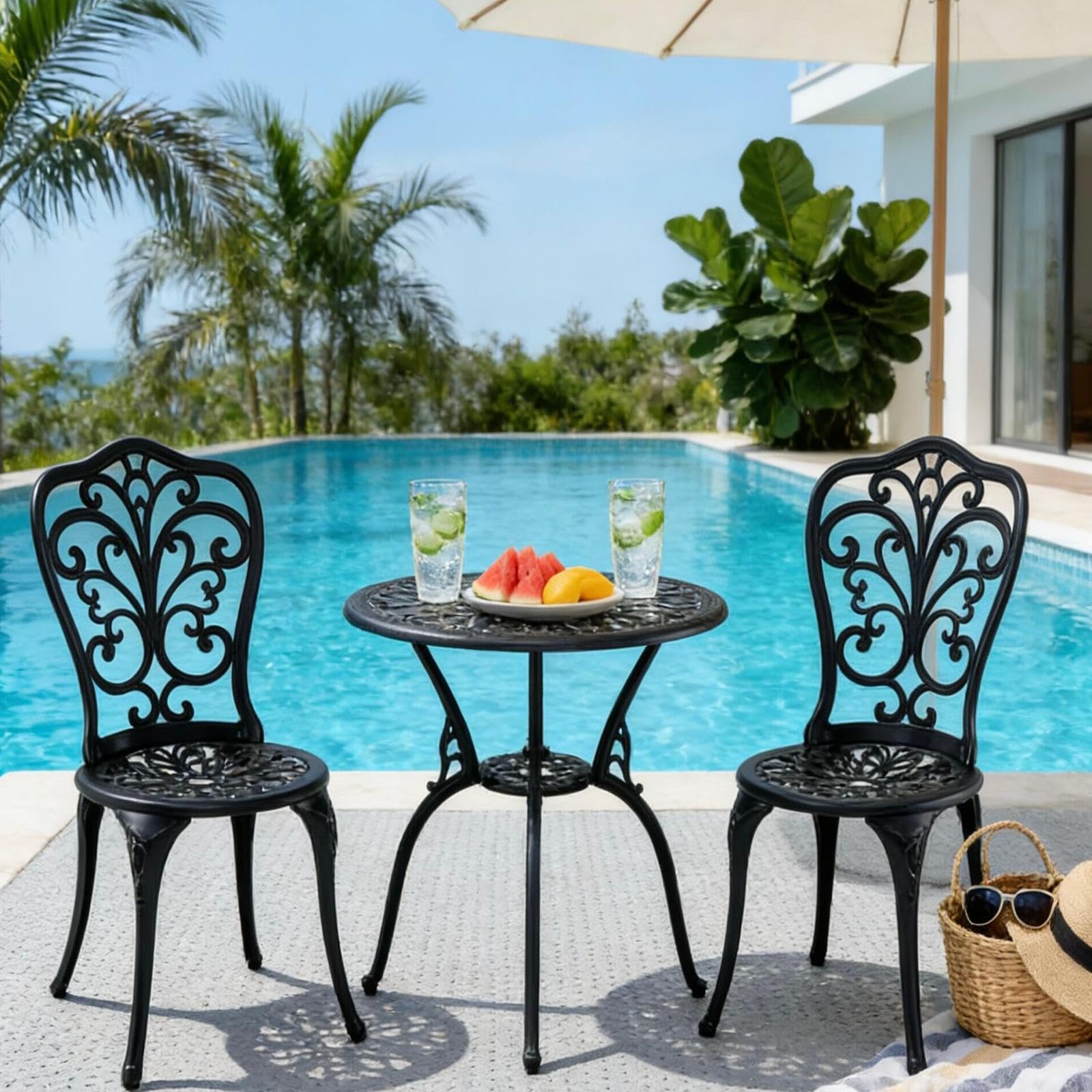 GIANTEX Set Tavolo da Bistrot in Fusione di Alluminio Set da 3 Pezzi Tavolino con 2 Sedie per Giardino Balcone Bordo Piscina, Colore Verde Bronzo/Bianco (Nero)