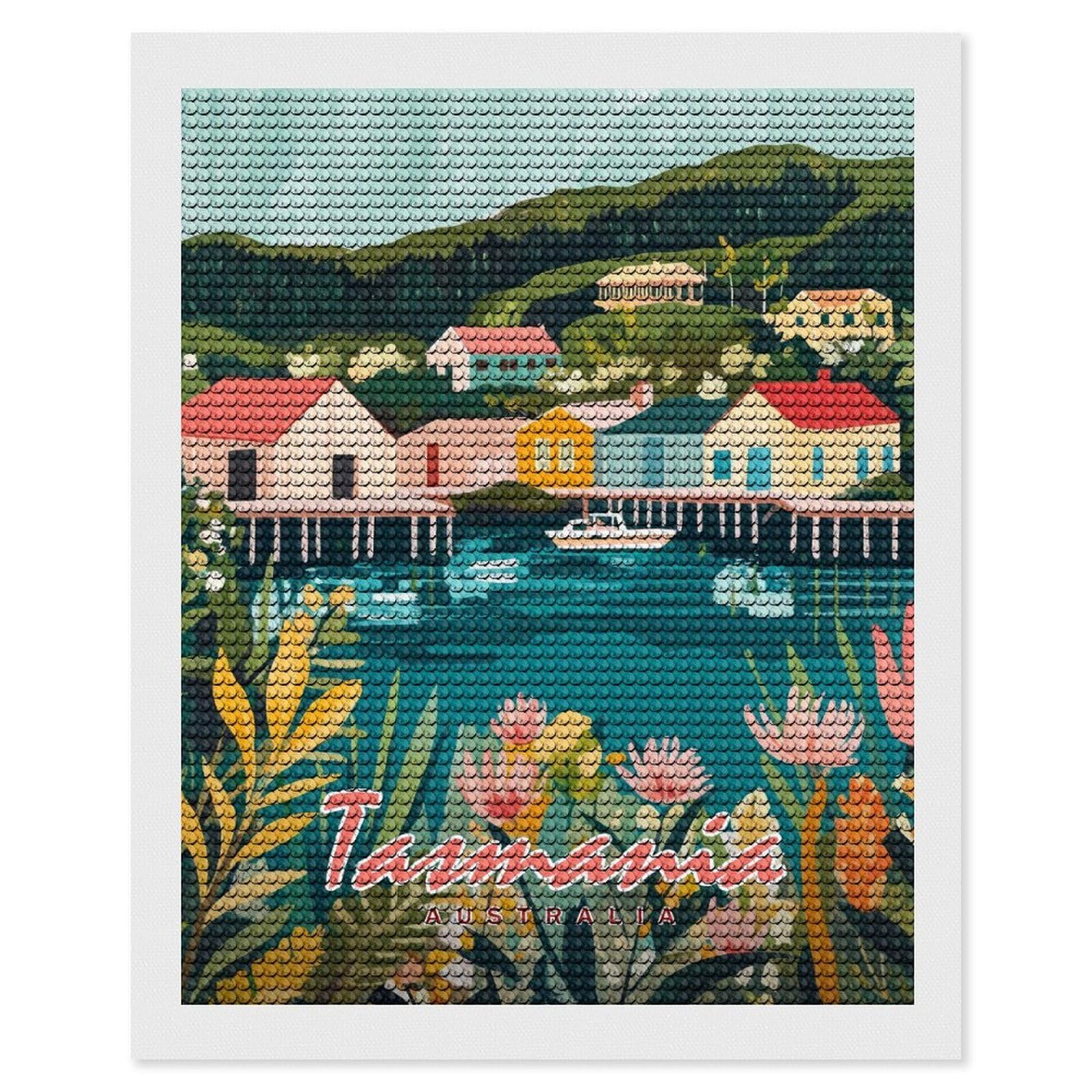 Junmoney Tasmania Watercolor Landscape Diamond Art Canvas 16"x20", for Teens, Nice Detail and Sparkle, Farmhouse Decor, Festive Craft Gift, Easy to Enjoy