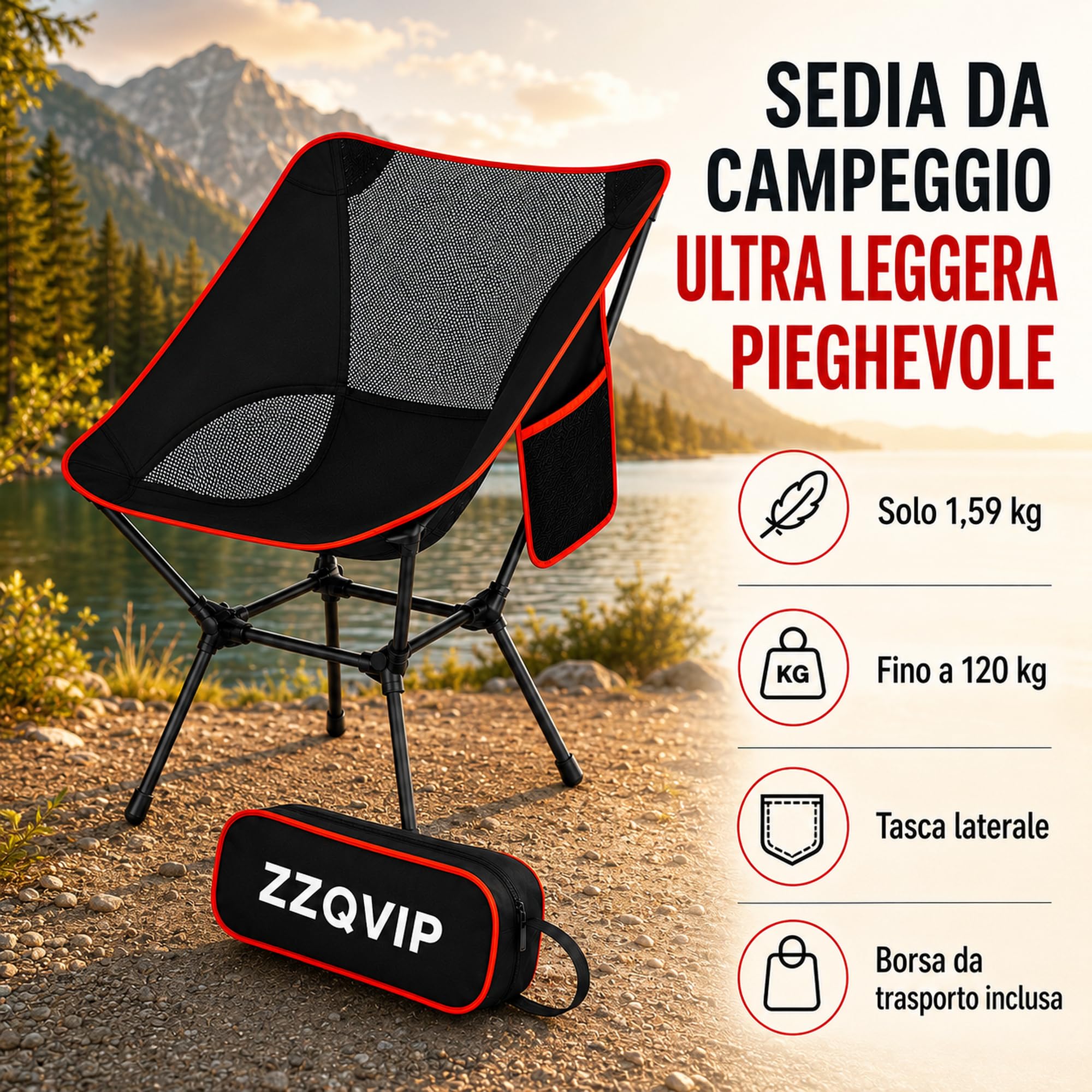 Sedia Campeggio Pieghevole Leggera, Moon Chair Portatile in Oxford 600D fino a 150 kg con Borsa e Tasca Laterale, per Spiaggia Pesca Picnic Giardino Esterno Viaggio