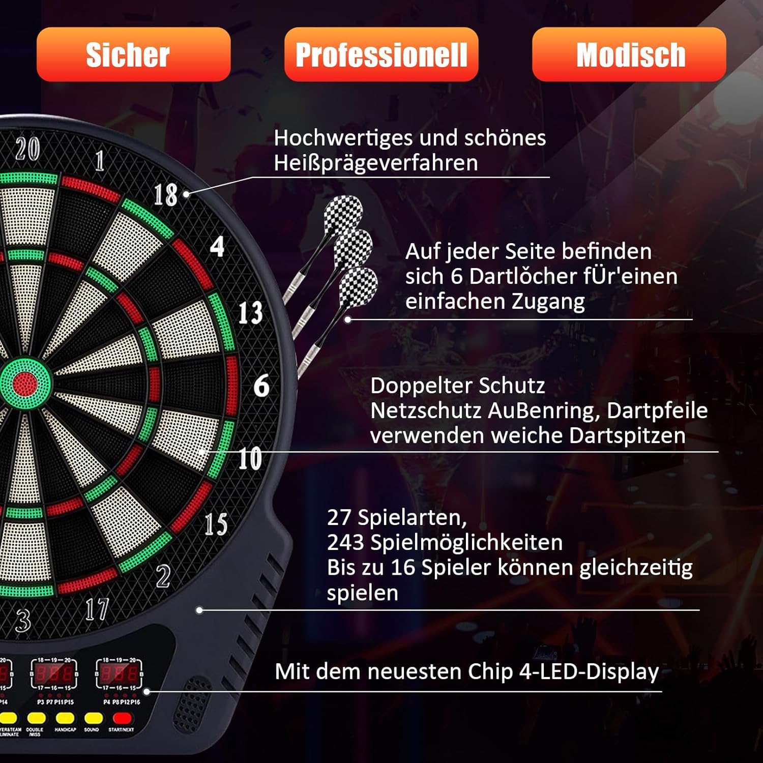 Elektronische Dartscheibe für 1-16 Spieler, E-Dartboards Dartautomat mit 4 LCD-Anzeige und 6 Darts und 24 Pfeilkopf 27 Spiele mit 243 Spieloptionen Profi Elektronik Dartspiel