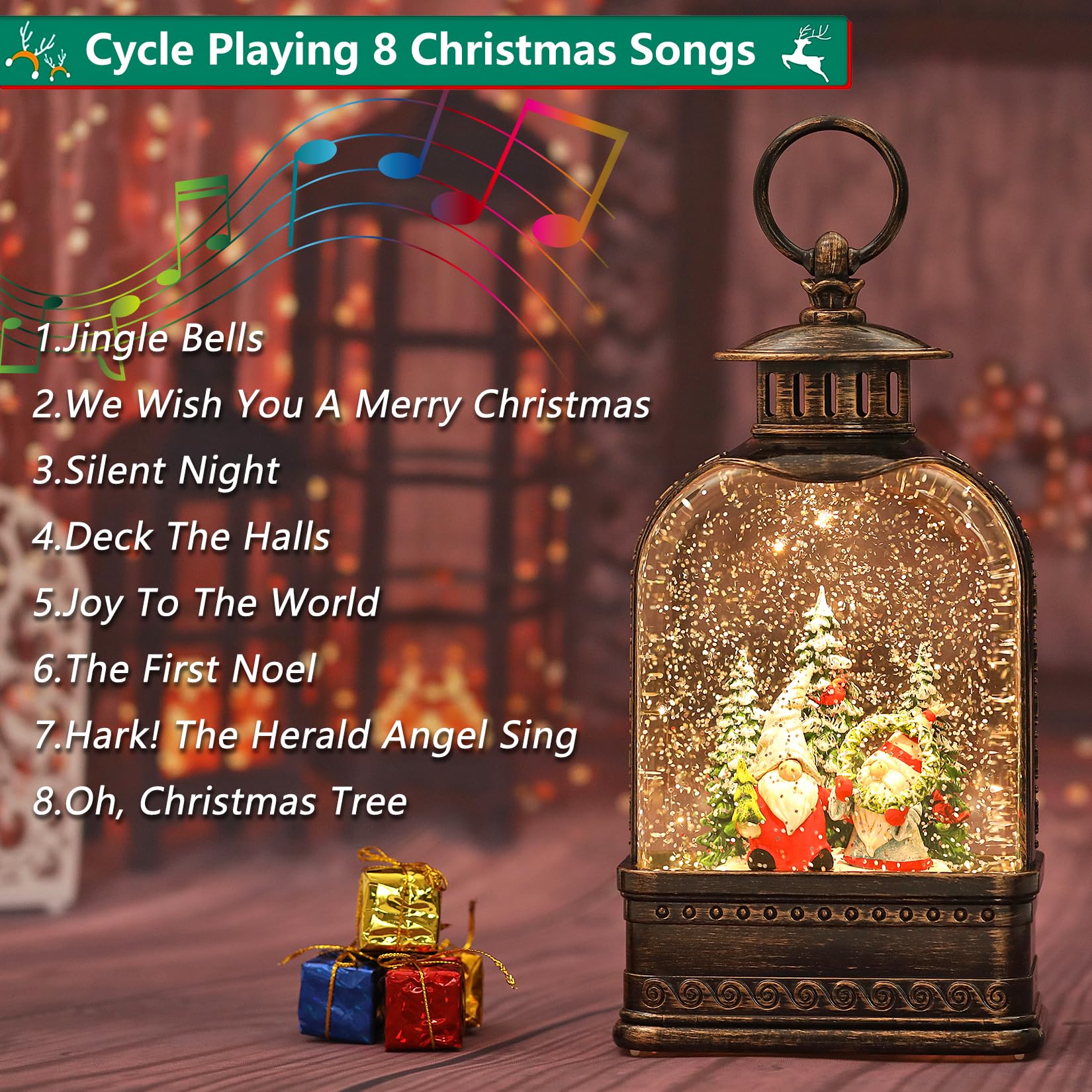 Eyrosa Boule à neige de Noël, boule à neige à paillettes éclairée avec musique, décorations de Noël musicales USB et lanterne à piles, décoration de Noël cadeau