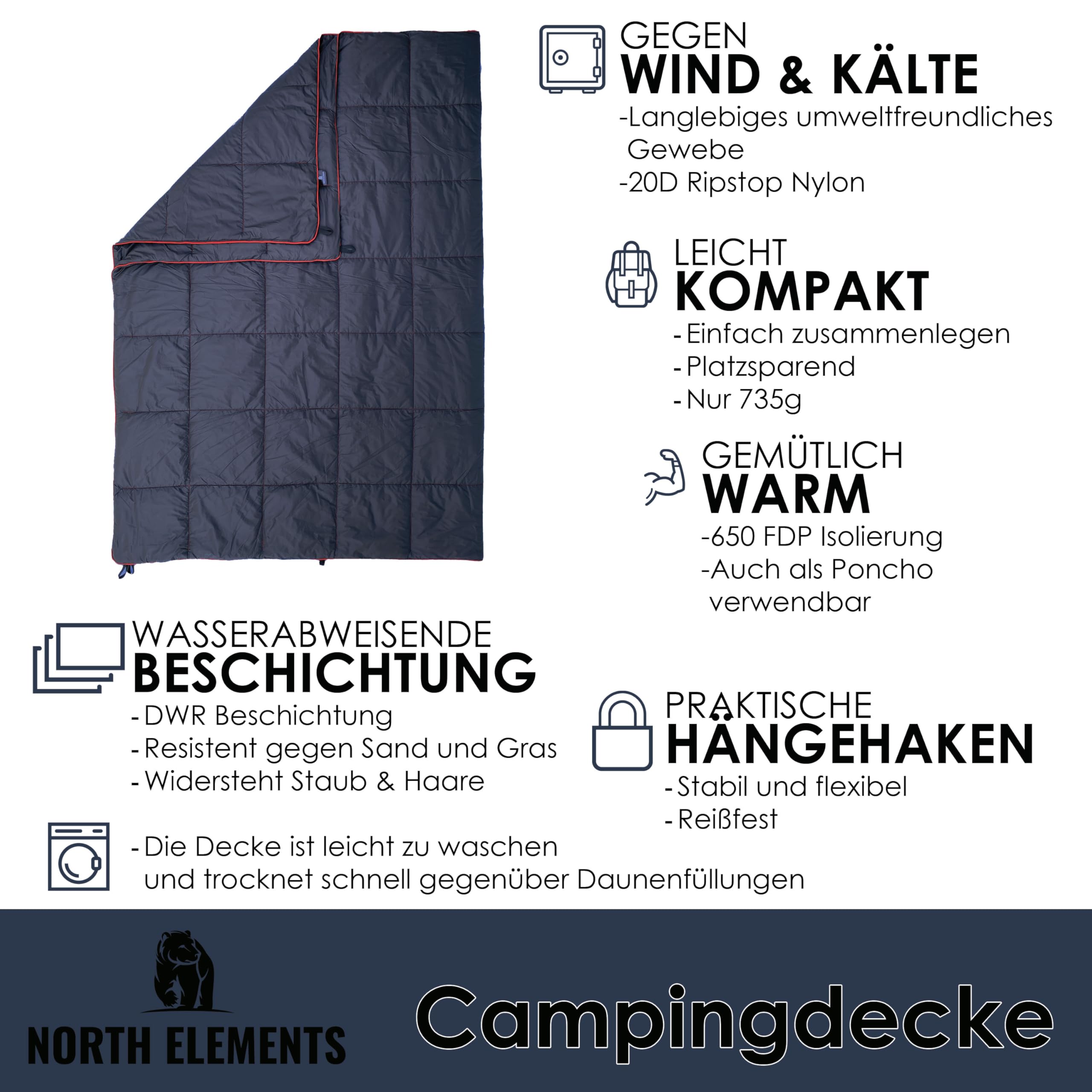 North Elements Koc kempingowy – składany, wodoszczelny i ciepły | 650 Fill Power | idealnie lekki i kompaktowy, na kemping, wędrówki, podróże, hamak, 200 x 140 cm (antracytowy/czerwony)