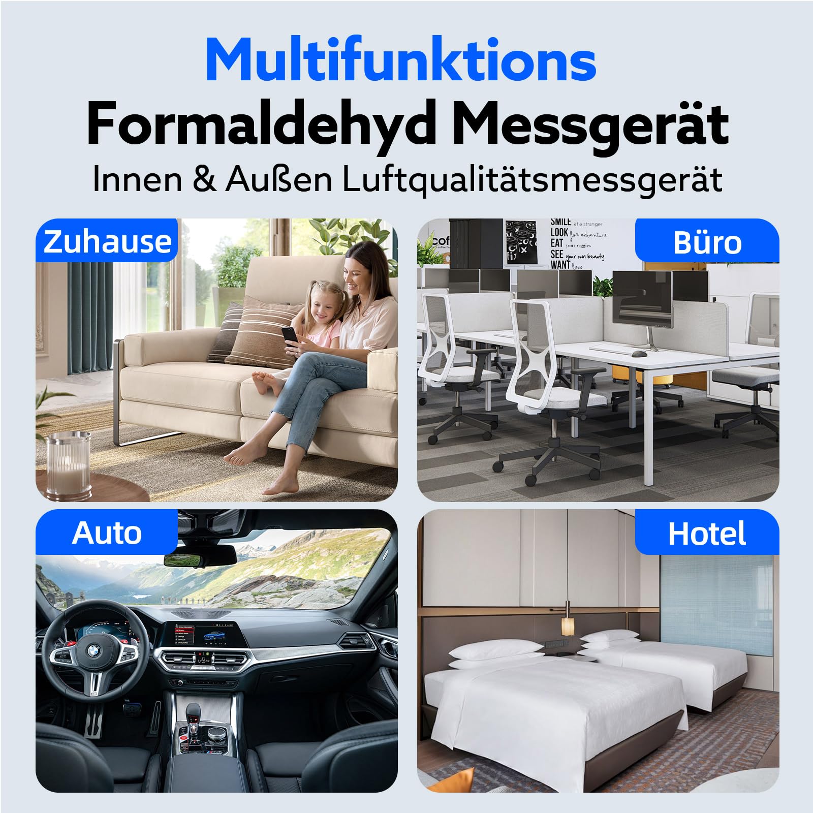 Formaldehyd Messgerät, Wiederaufladbarer HCHO Monitor mit Alarm, Temperatur und Luftfeuchtigkeitsmesser, Formaldehyd Detektor Luftqualitätsmesser für Zuhause und Arbeit