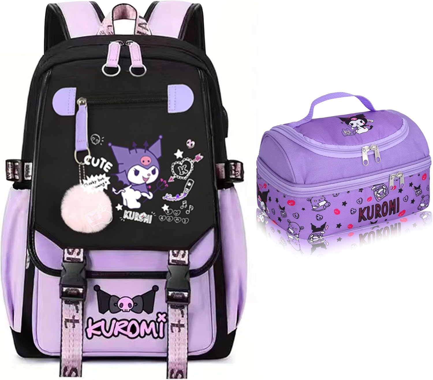 Roffatide Anime Kuromi Print Business Casual Laptop Backpack Lunch Bag Shoulders Travel Hiking Daypacks Rucksack 17 Inch D, LYB15804