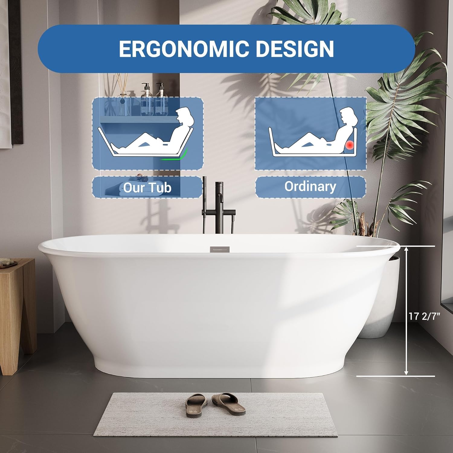 67" Acrylic Freestanding Bathtub, Contemporary Soaking Tub, cUPC Certified Stand Alone Slipper Soaking Tub, Integrated Overflow and Drain, White - Image 3