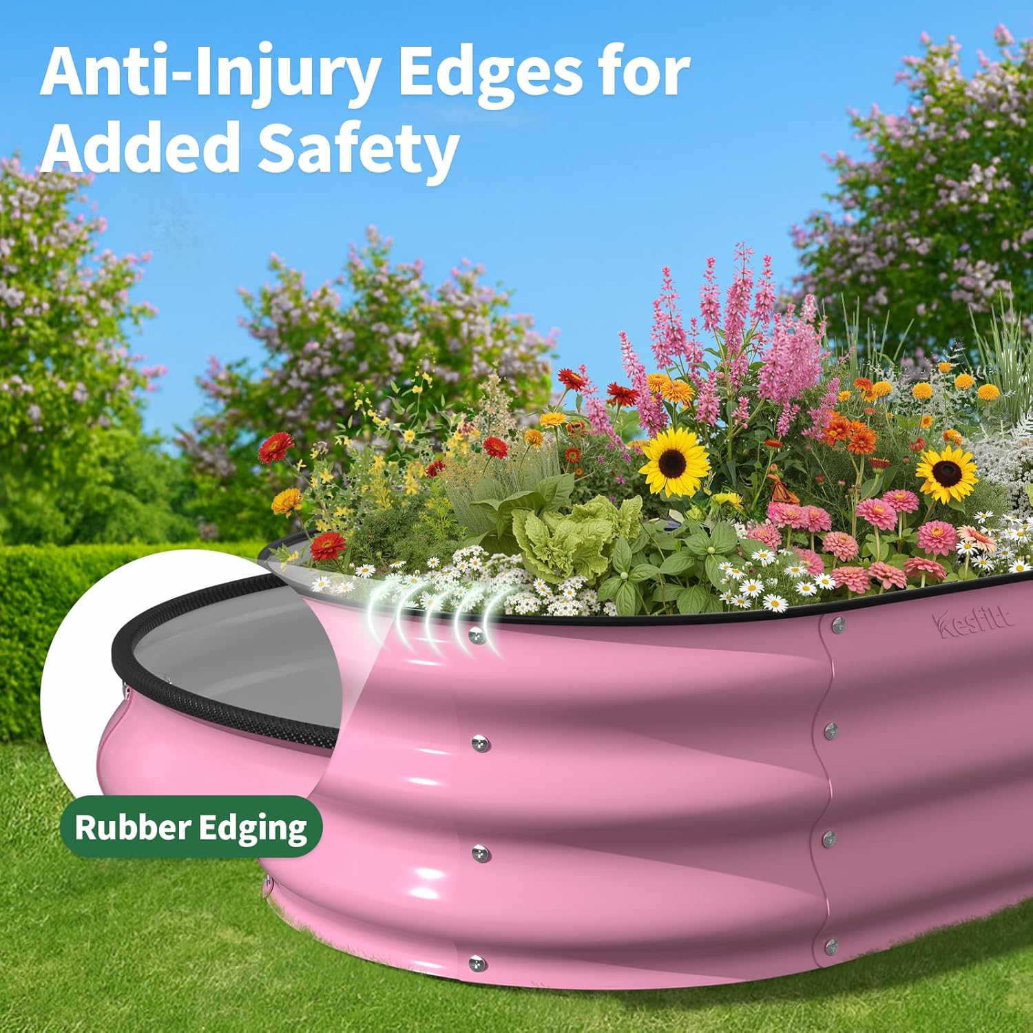 Kesfitt Raised Garden Bed, 4x2x1 FT Galvanized Steel Metal Raised Garden Bed, Oval Open-Bottom Design, 12-Inch Deep for Outdoor Vegetable & Herb Gardening,Forest Green + Blushing Pink