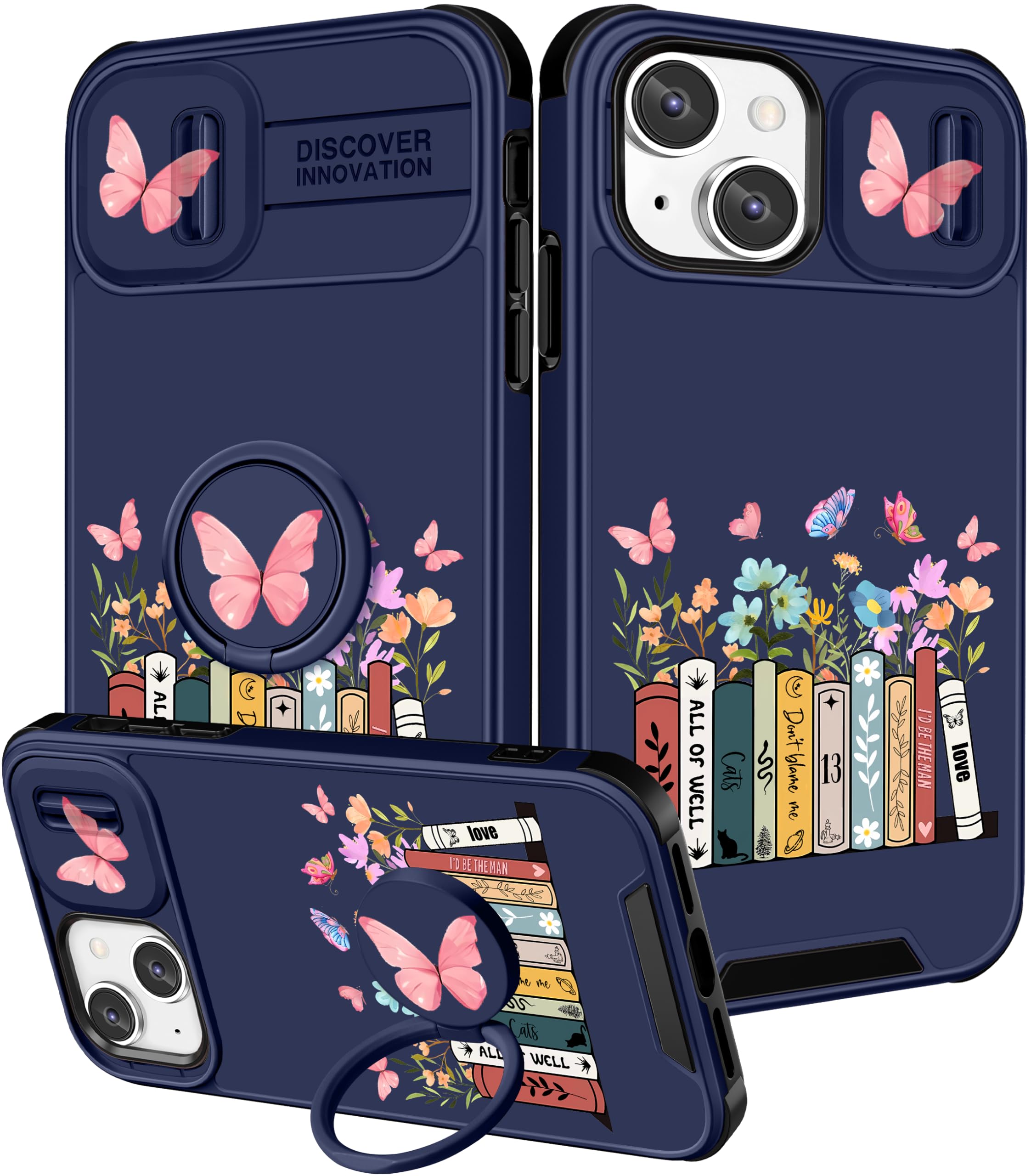 Funermei (2in1 for iPhone 13 Case/for iPhone 14 Case for Women Cute Girls Girly Phone Cover Aesthetic Fashion Books Design with Slide Camera Cover Funda for Apple for iPhone 13/14 Case