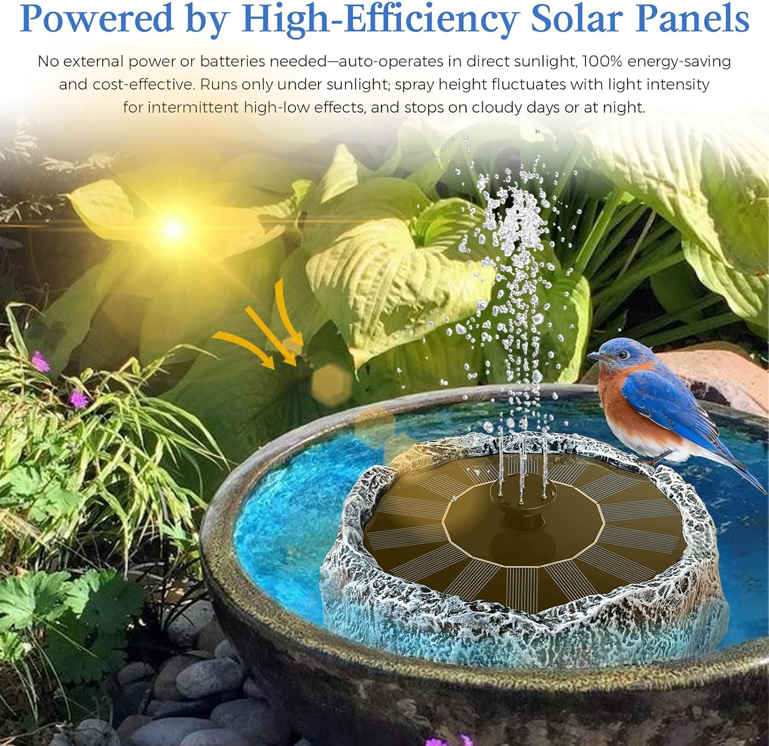 Solar Powered Bird Bath Fountain with Rock Texture,High-Strength Plastic Outdoor Birdbath,6 Spray Patterns Solar Fountain Pump,Decorative Water Feature for Garden Decor Backyard 7.8" LightGrey