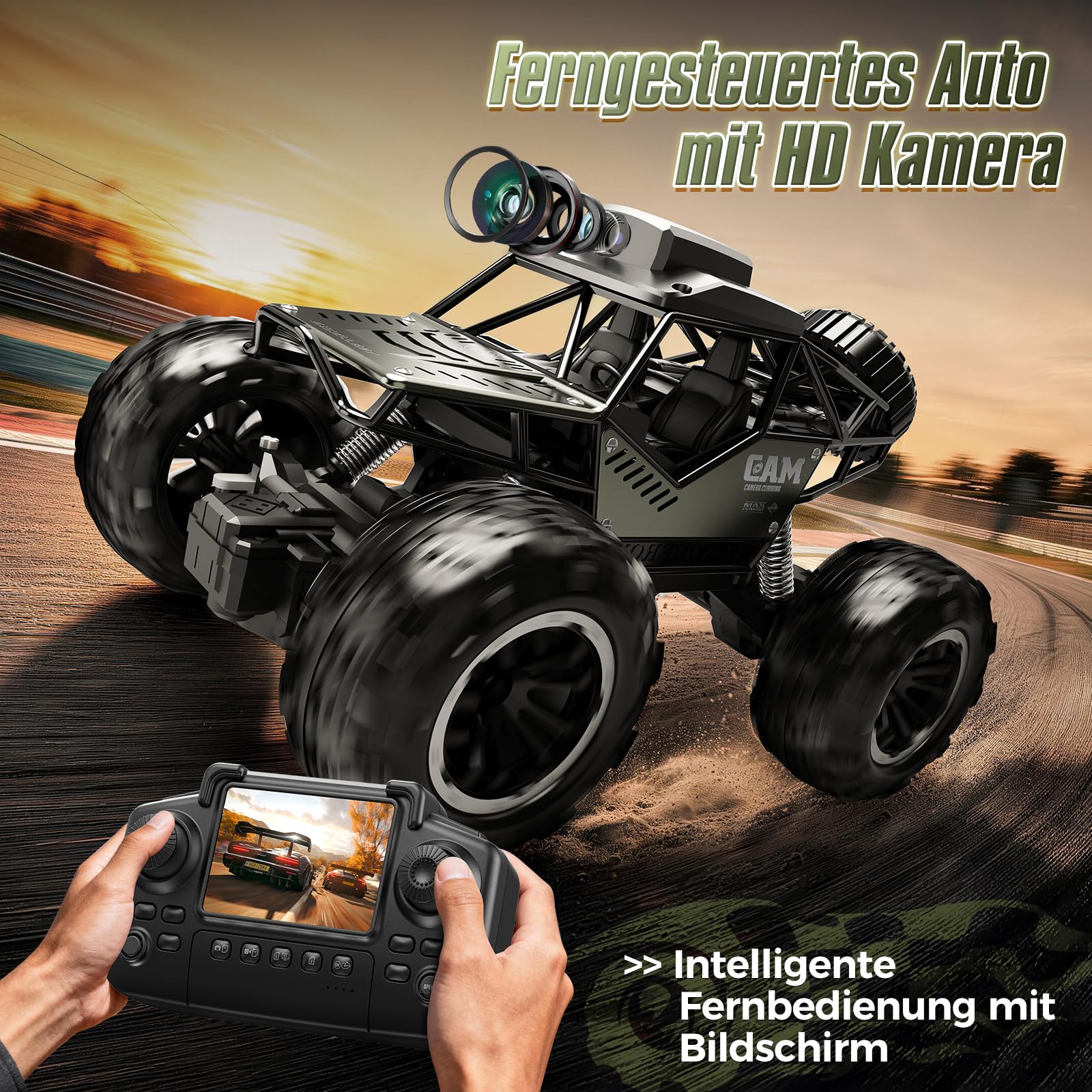 Ferngesteuertes Auto mit HD-Kamera für Erwachsene, 1:18 Monstertruck Spielzeug, 2,4-GHz RC Auto Offroad mit HD-Bildschirm, 2 Akkus (40 Minuten Laufzeit), Kinder,C0