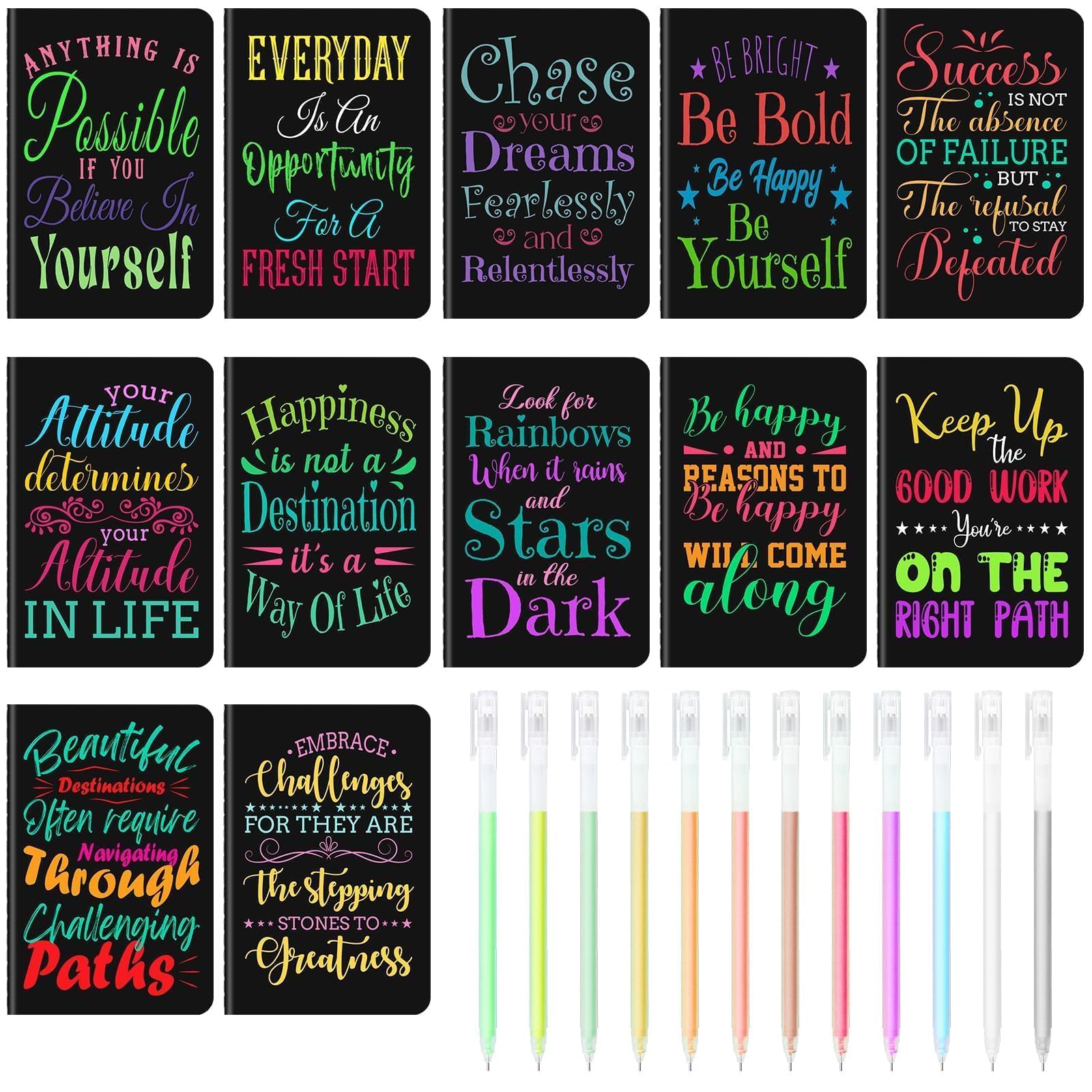 12 Pcs Mini Inspirational Notebooks Bulk with 12 Pcs Colorful Pens, Small Pocket Journal Notepads Set, Motivational Bulk Gifts for Women Men Teacher