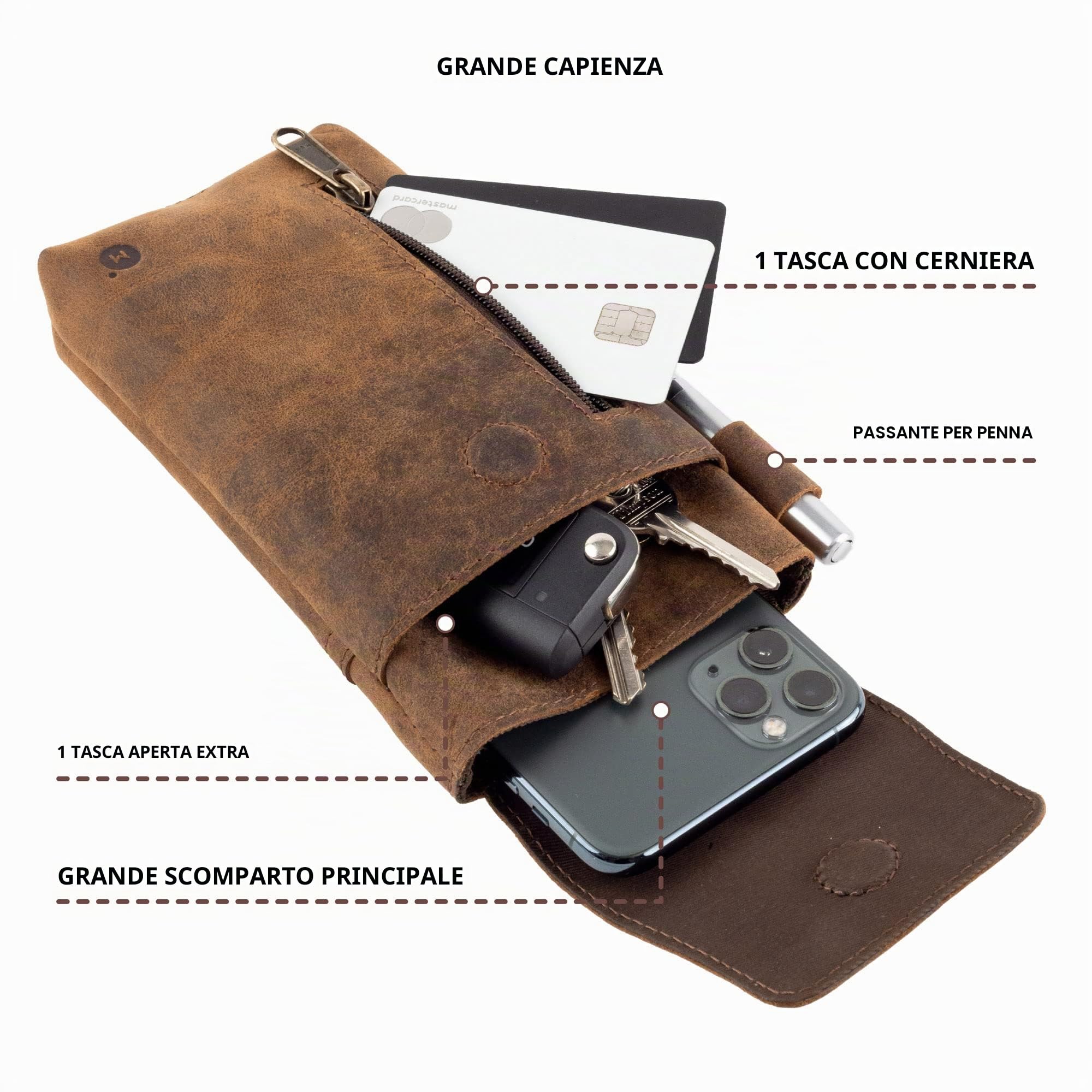 Moonster Porta Cellulare in Pelle – Porta Cellulare da Cintura in Vera Pelle di Bufalo – Porta Telefono da 18 x 9 cm per Telefoni di Grandi Dimensioni – Con Passante per Cintura Sicuro e Resistente