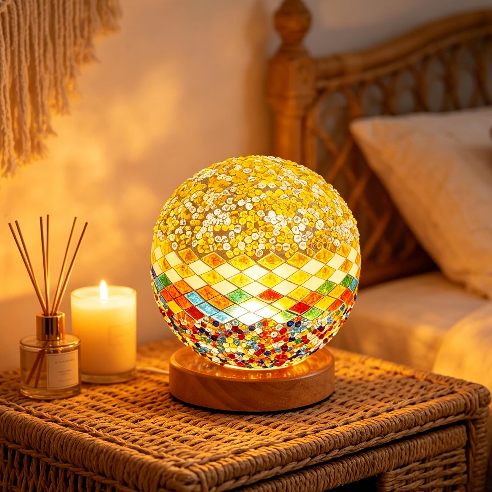 shulovehua Mediterranean Yellow Mosaic Table Lamp Vintage Turkish Colorful Glass Light USB Power Dimmable Mediterranean Style Decor Light for Living Room Dorm Vacation Home Decoration and Gift