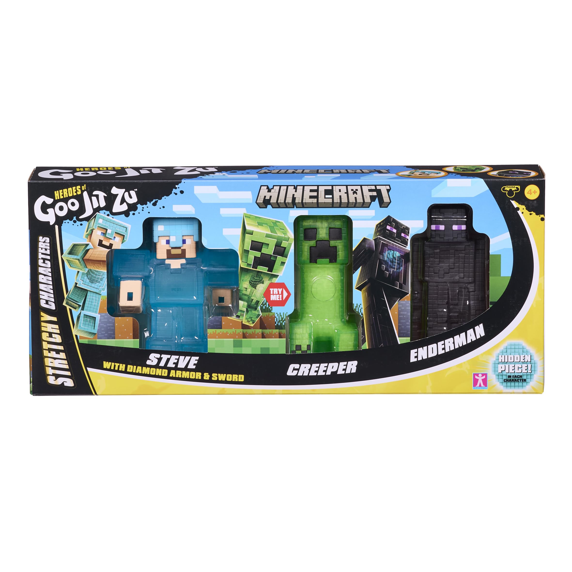 Heroes of Goo Jit Zu Paquete de 3 figuras de acción de Minecraft - Creeper, Steve, Enderman, figuras de juguete elásticas y flexibles para fanáticos de Minecraft de más de 4 años.