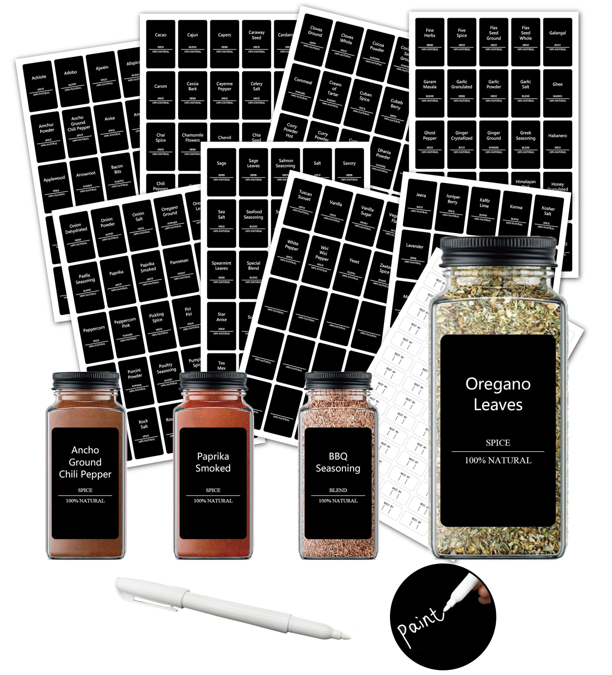 275 Spice Labels Stickers, Labels for Jars, Black Seasoning Labels, Kitchen Spice Labels Stickers Preprinted Waterproof, Food Labels Spice Jars with Chalk for Pantry Spice Container Rack Shelf