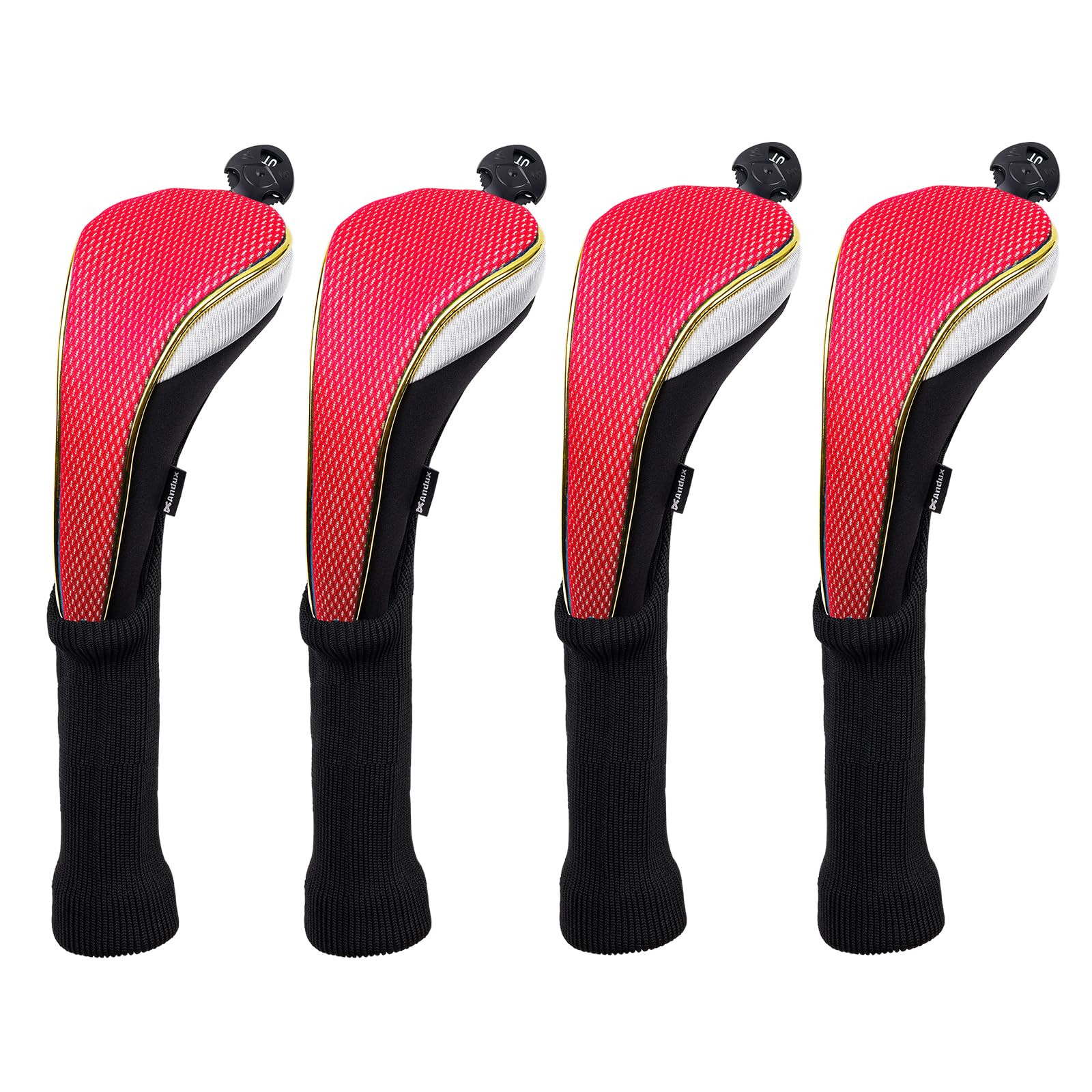 Andux 4Pcs/Set Long Neck Gold Golf Hybrids Club Head Covers with Dial No. Tag MT/HY15 (Red)