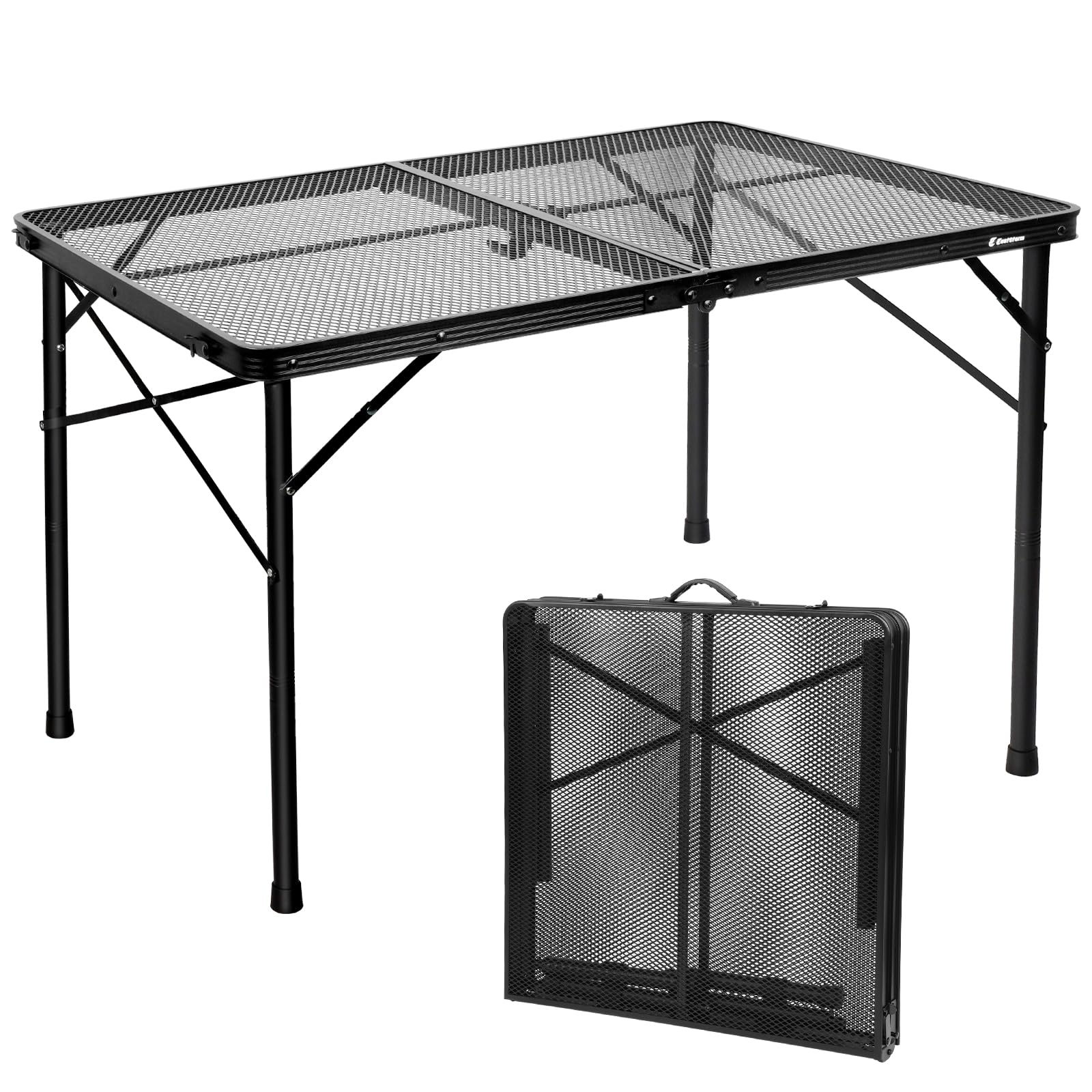 4ft Folding Table with Metal Mesh Desktop, Grill Table Camping Table with Carry Handle,Adjustable Height (16.5" & 26"), Outdoor Table for Camp, Cooking, BBQ, RV, Picnic,Fits 4–8 People,Black