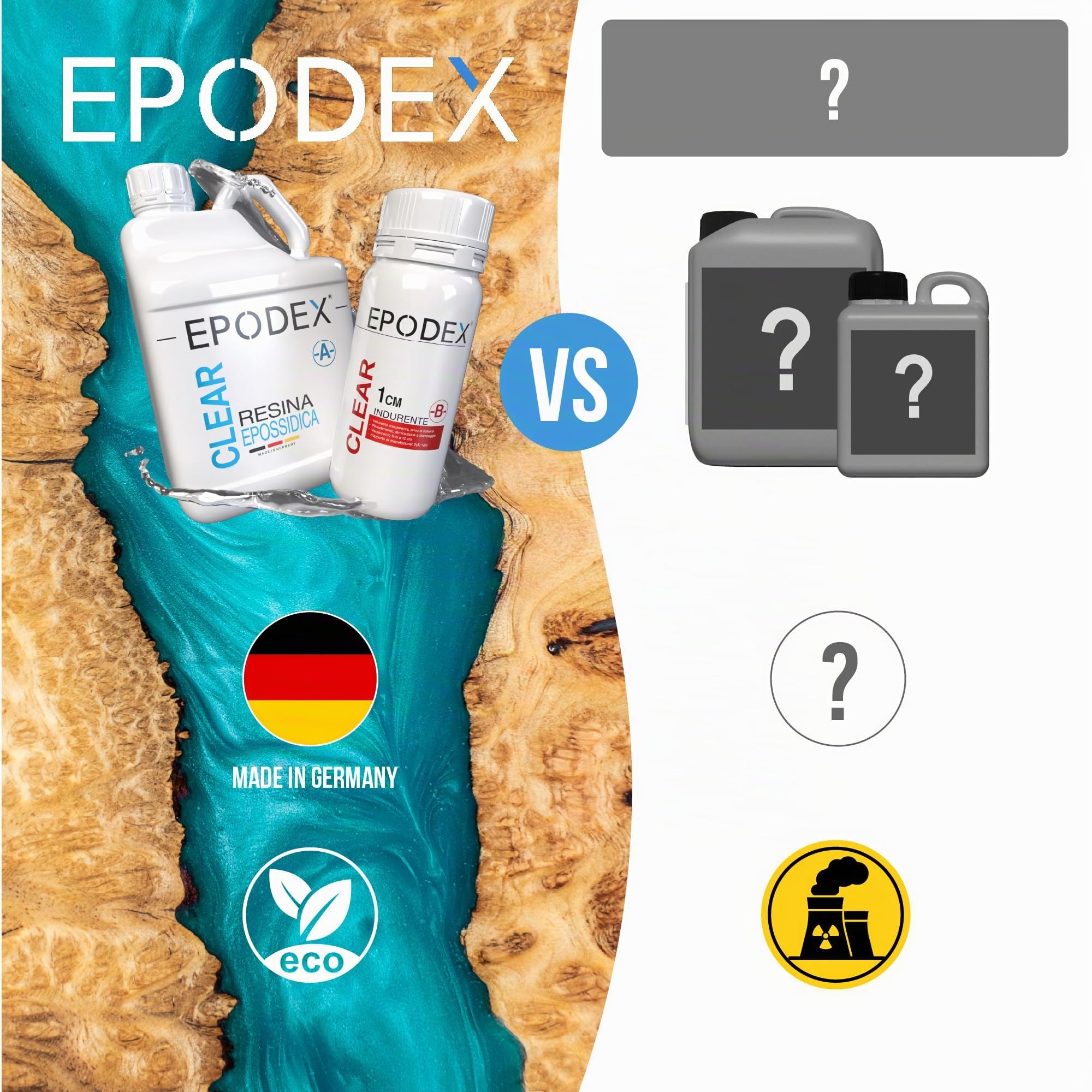 EPODEX Resina Epossidica ECO 1cm, CLEAR - Transparent, 3kg | Resina epossidica trasparente kit, per rivestimenti, sigillature, riparazioni, stampi, arte e fai da te