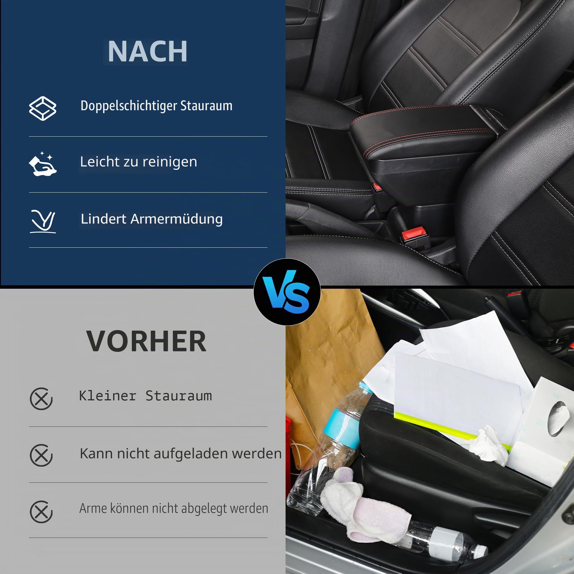 Auto Armlehne für Ford Fiesta 2009-2017 Doppelschicht Mittelkonsole Große Aufbewahrungsbox mit 4 USB-Ladeanschluss Becherhalter Zubehör Schwarz