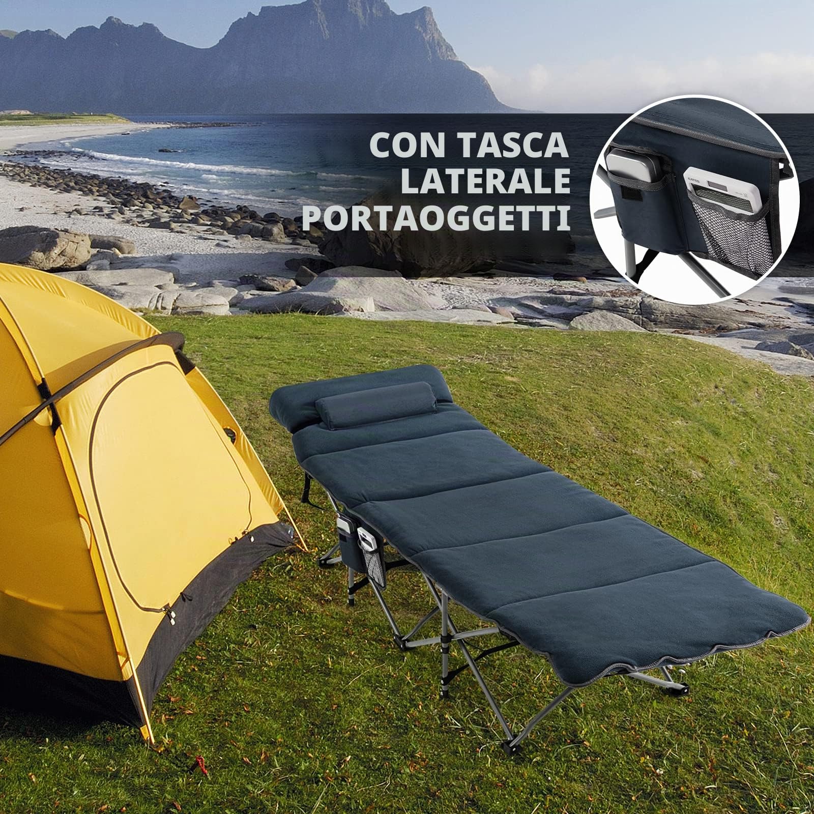 KOMFOTTEU Lettino da campeggio pieghevole 190 x 67 x 50 cm, letto da campeggio con materasso rimovibile e cuscino, lettino da campeggio con borsa per il trasporto, antiscivolo, campeggio, viaggi,