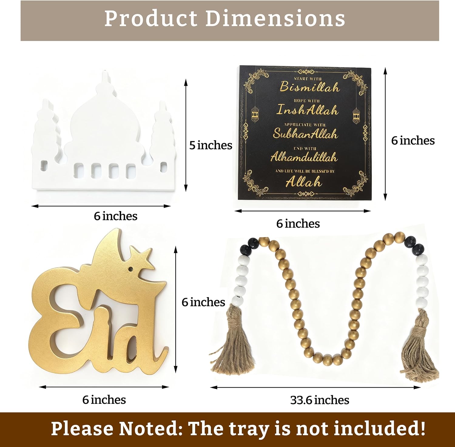 Dazingart Ramadan Decorations Eid Mubarak Table Decor for Home, Islamic Ramadan KareemTiered Tray Decor for Muslim Party Tabletop Decor with Gold Wood Beads Garland with Tassels (Eid)