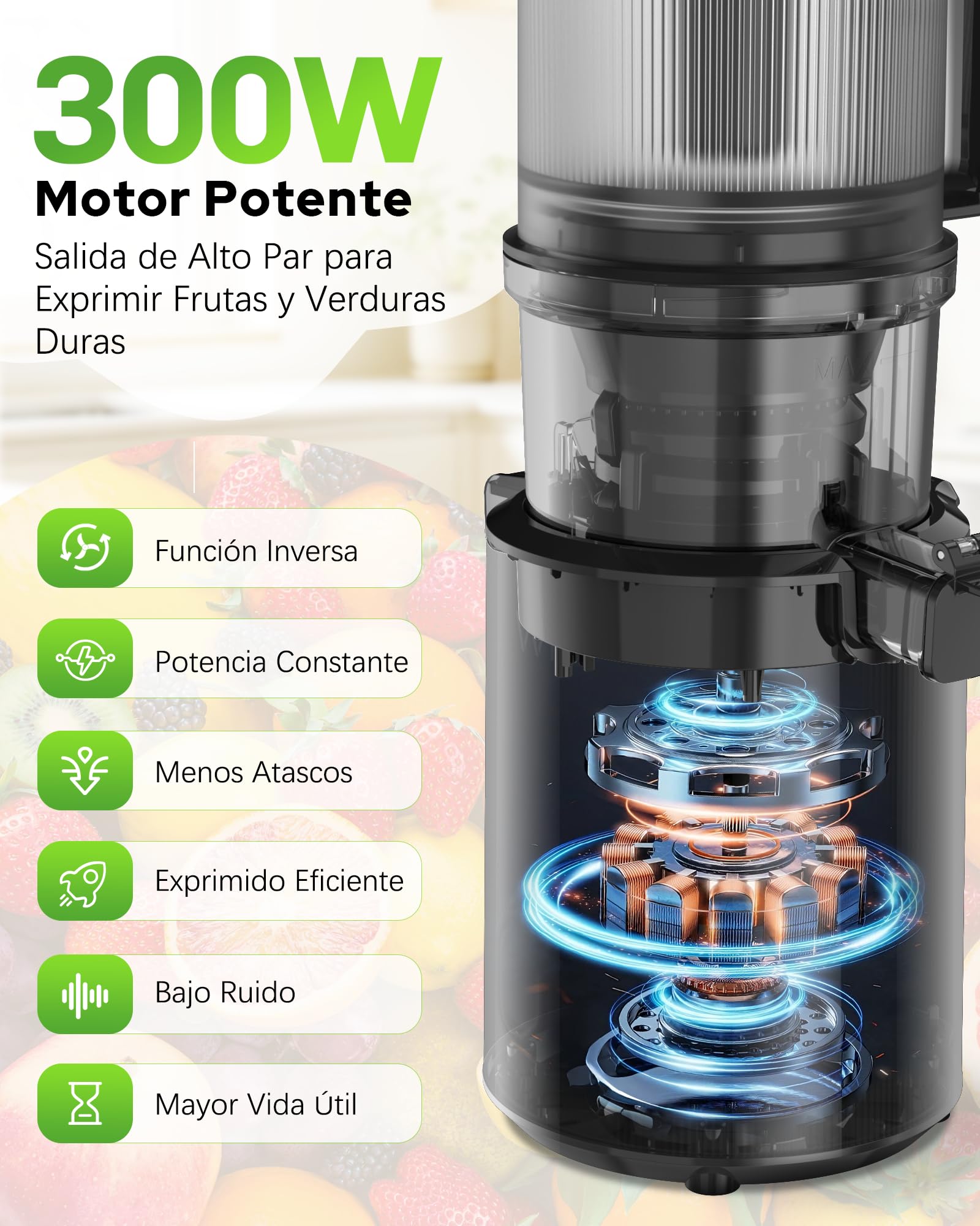 WIE Extractor de Zumos y Verduras, 300W Licuadora Prensado en Frío | Slow Juicer Machine con Boca XL 135mm, Capacidad 2,2 L para Frutas y Verduras Enteras, Fácil Montaje y Limpieza, Sin BPA