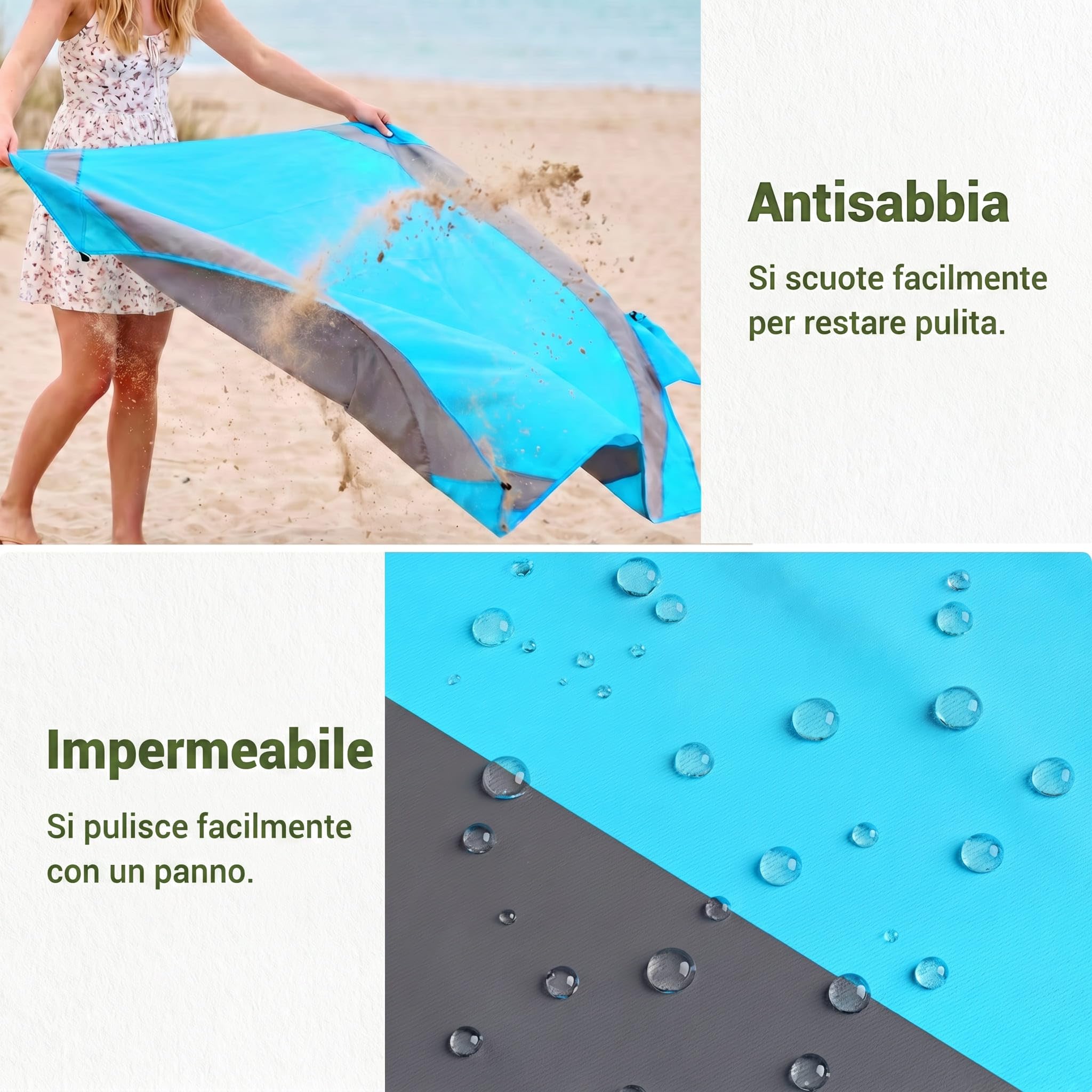 WolfWise Telo da Mare Impermeabile Antisabbia 198x205cm Blu