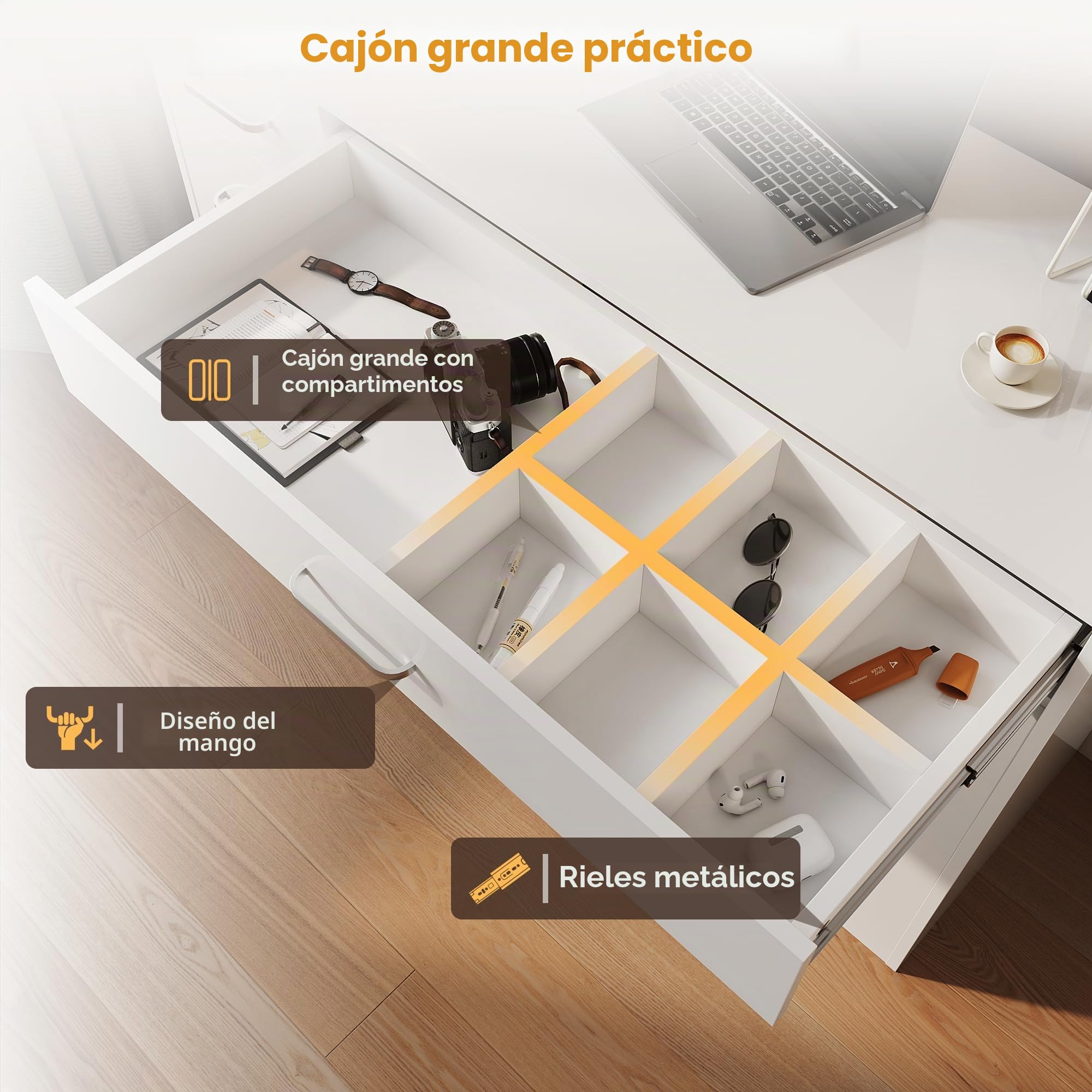 SONNI Escritorio, mesa de ordenador, mesa de oficina, tocador multifunción con 5 cajones y 3 compartimentos, mesa de trabajo moderna y escritorio infantil con espacio de almacenamiento, mesa, blanco