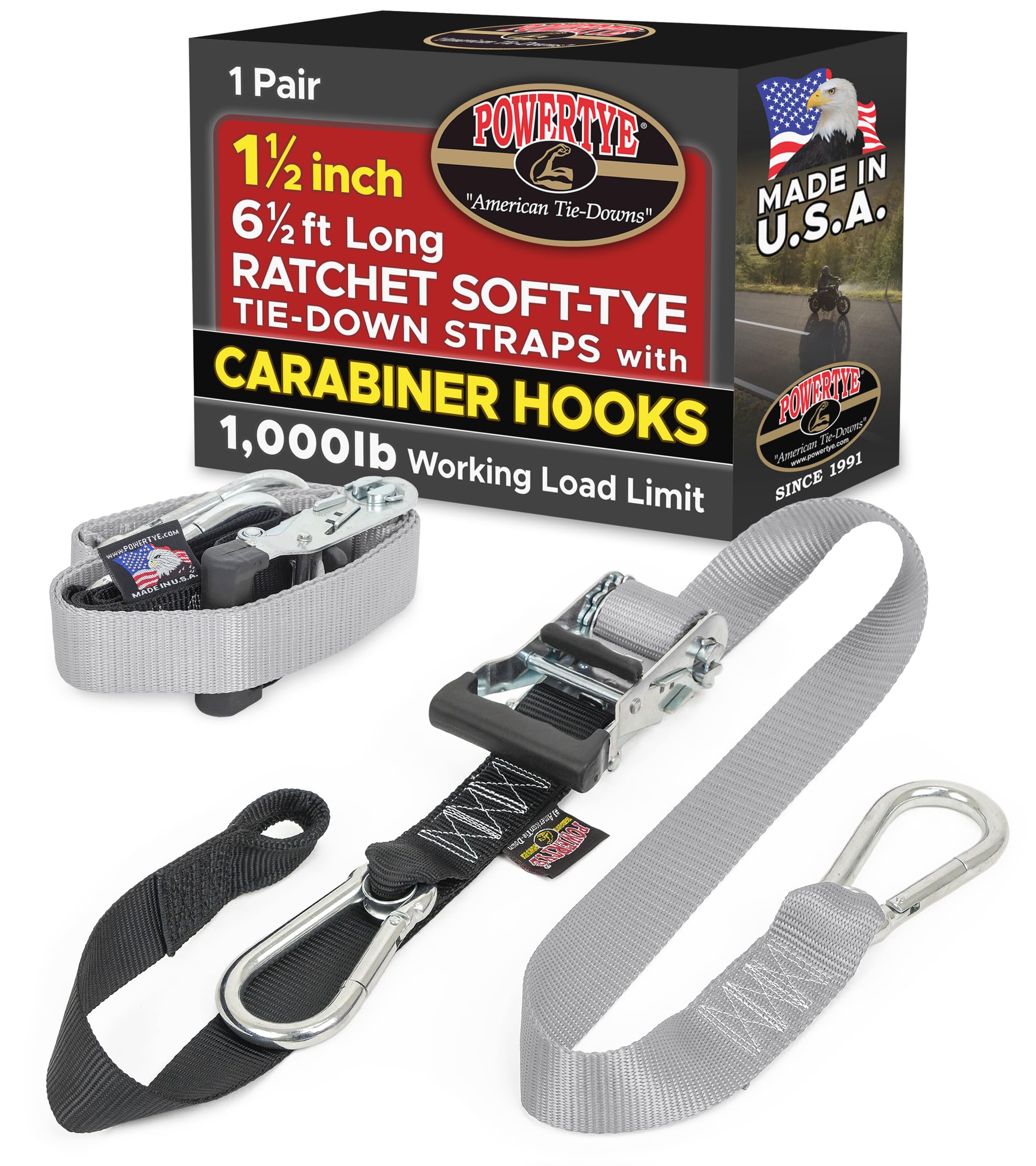 PowerTye 1.5 inch x 6.5ft Ratchet Straps w/Carabiners, Silver/Black Pair